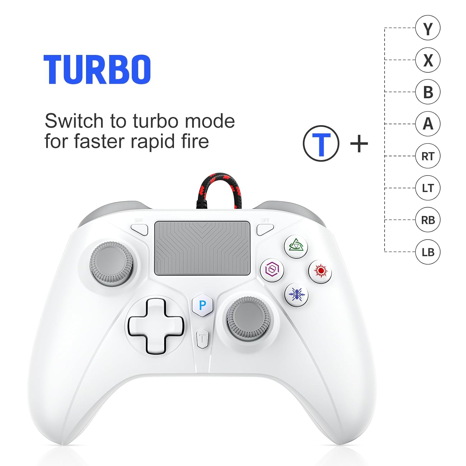 Detalle de GGiking Wired Controller für PS5/Pro/Slim/PS4/PC – kabelgebundener Gamepad mit Macro, Dual Vibration, 6-Achsen-Sensor, Touchpad und Turbo-Funktion