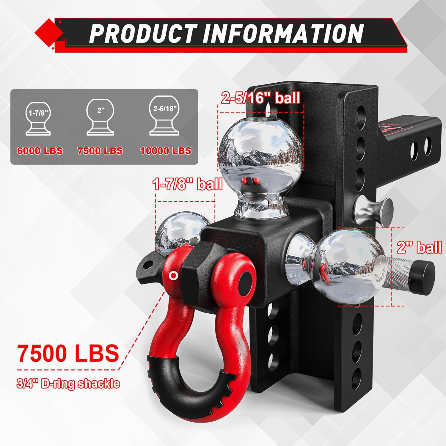 Thumbnail 2 de TYT Adjustable Tri-Ball Trailer Hitch 2-Inch Receiver