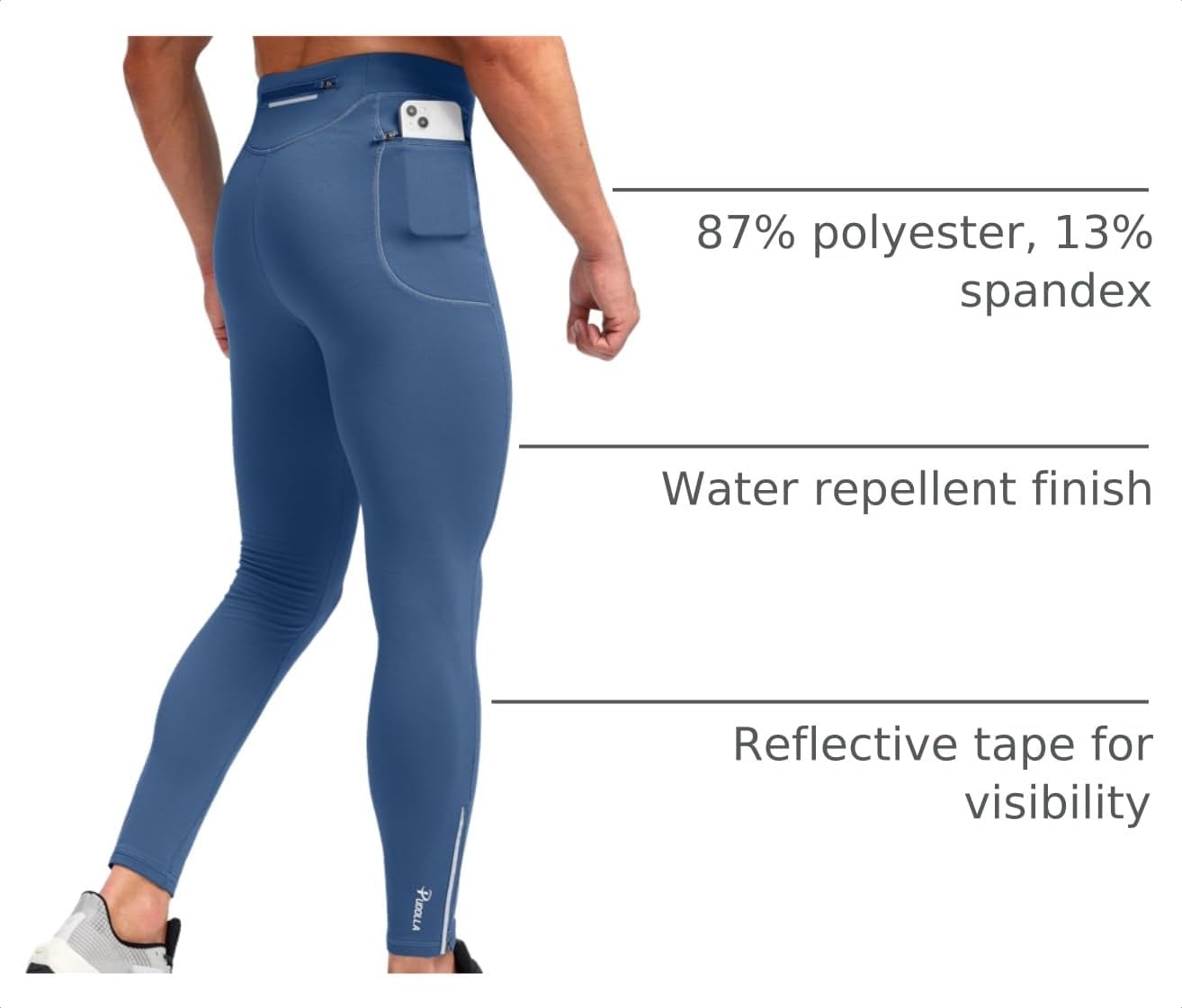 Detalle de Pudolla Men's Thermal Running Tights with Fleece Lining and 3 Zip Pockets