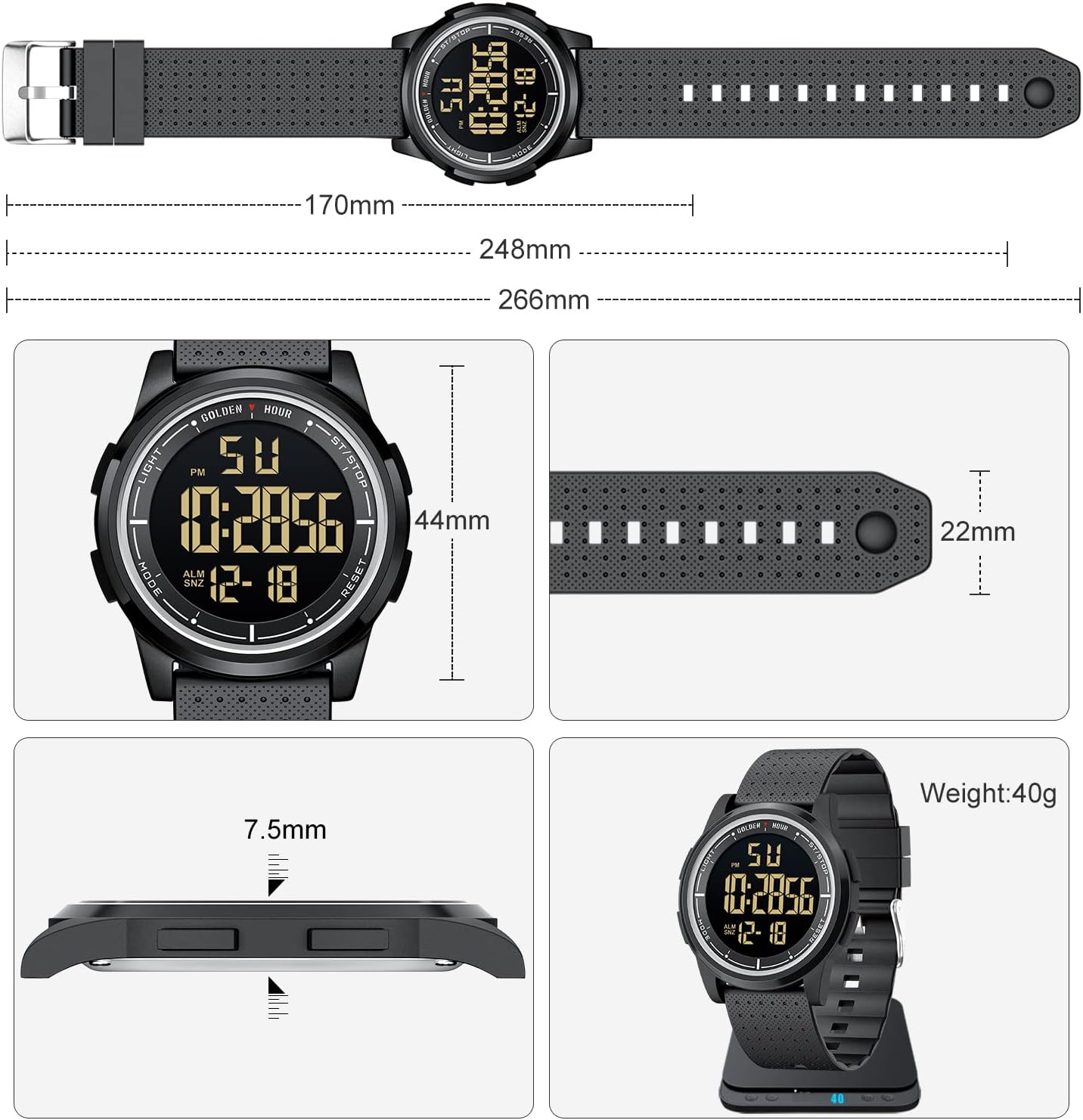 Thumbnail 4 de Golden Hour orologio digitale sportivo ultra-sottile impermeabile 50 m con display ampio e gomma regolabile