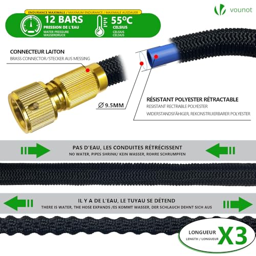 Detalle de VOUNOT Tuyau d'Arrosage Extensible 30 m Renforcé Adaptable 1/2" et 3/4" – 10 Modes de Pulvérisation