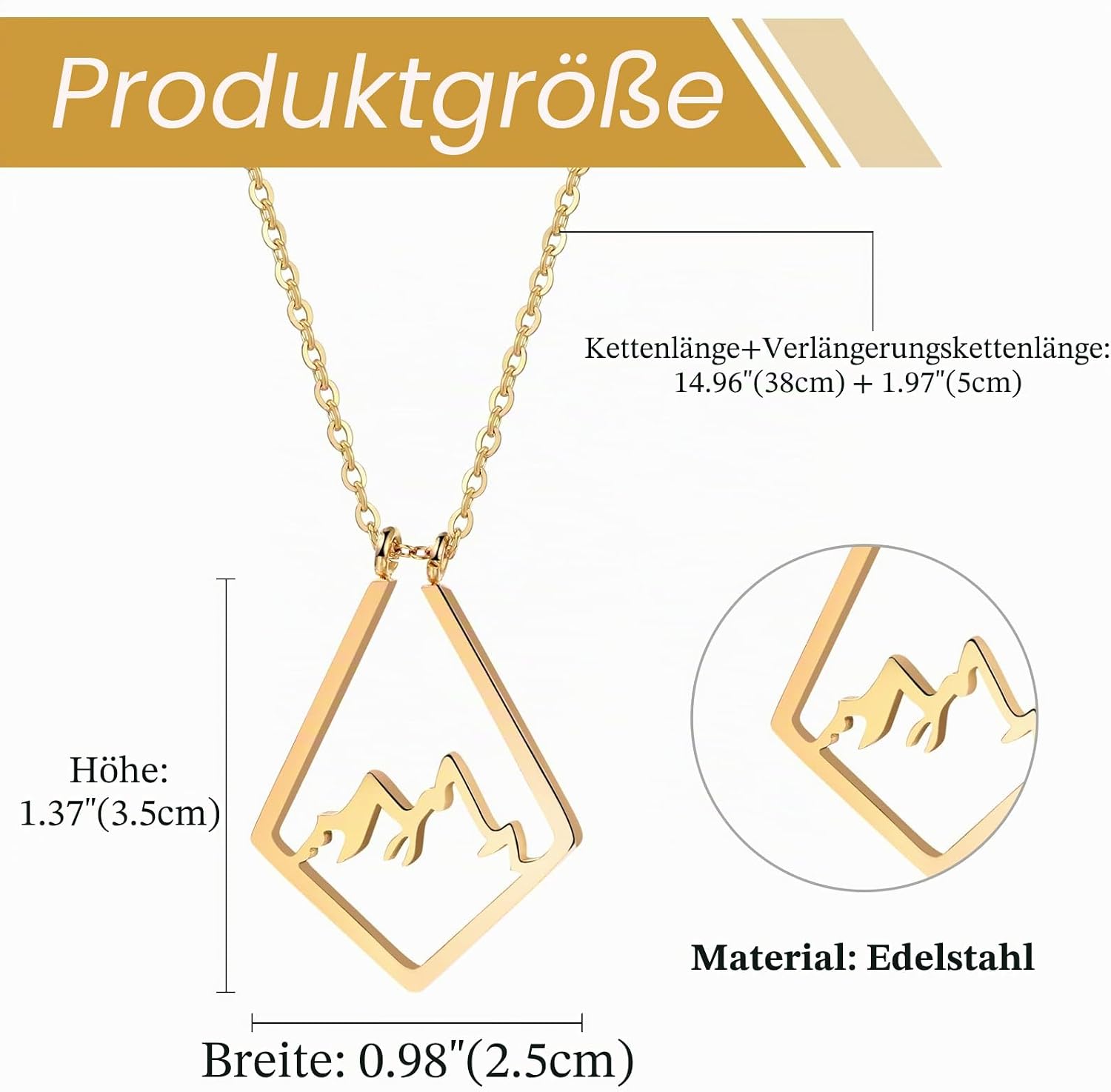 Detalle de JewelryWe Berg Ringhalter Halskette – Edelstahl, Rhombus Berg Anhänger, 38 cm mit Verlängerung