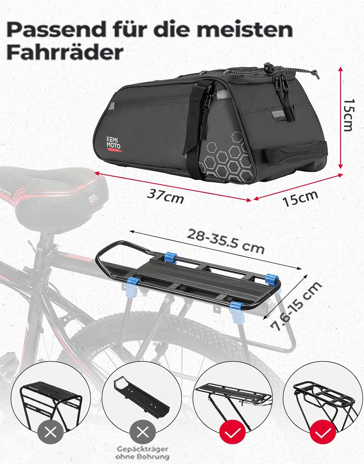 Detalle 2 de KEMIMOTO 14L sacoche vélo arrière 2 en 1 avec poche isotherme amovible 6L et compartiment 8L