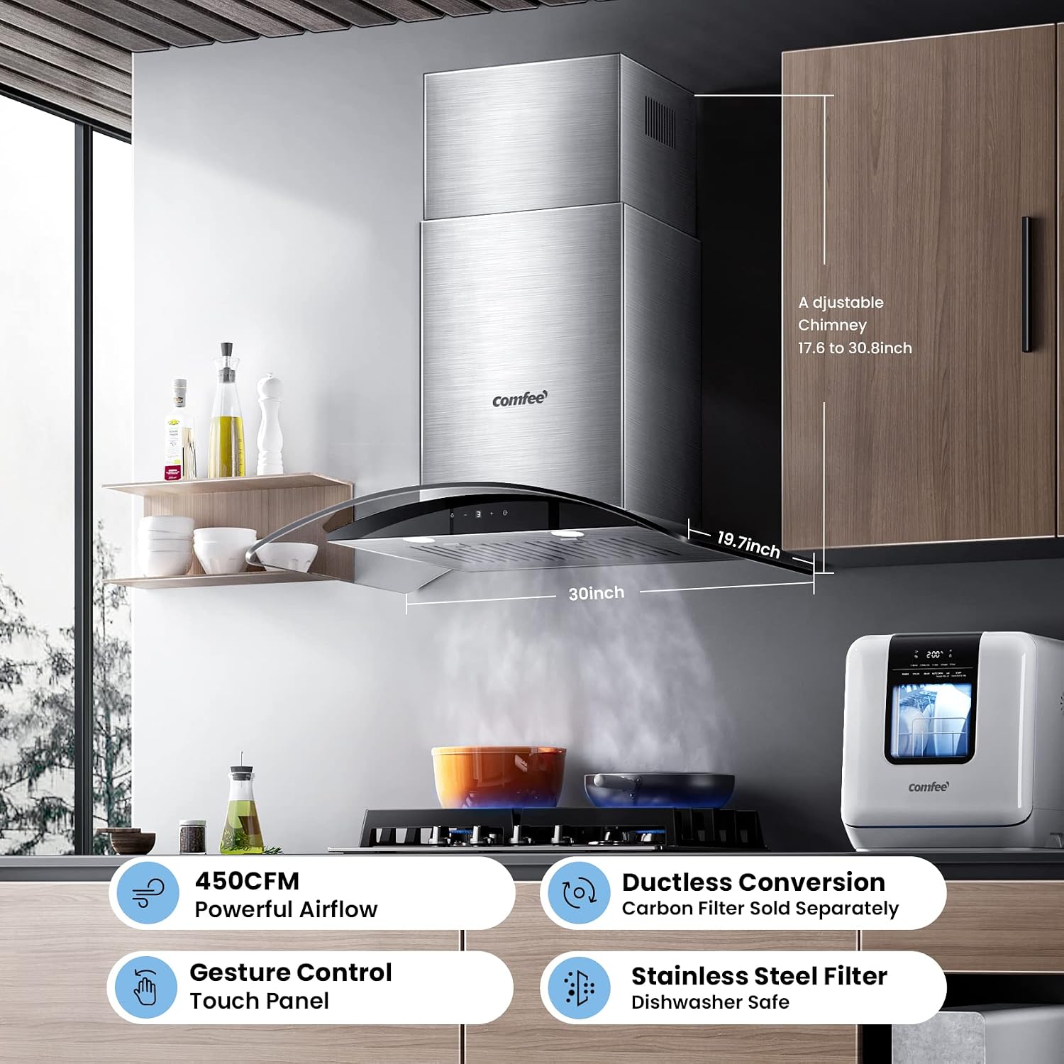 Detalle de COMFEE' CVG30W9AST 30-Inch Wall-Mount Range Hood, 450 CFM