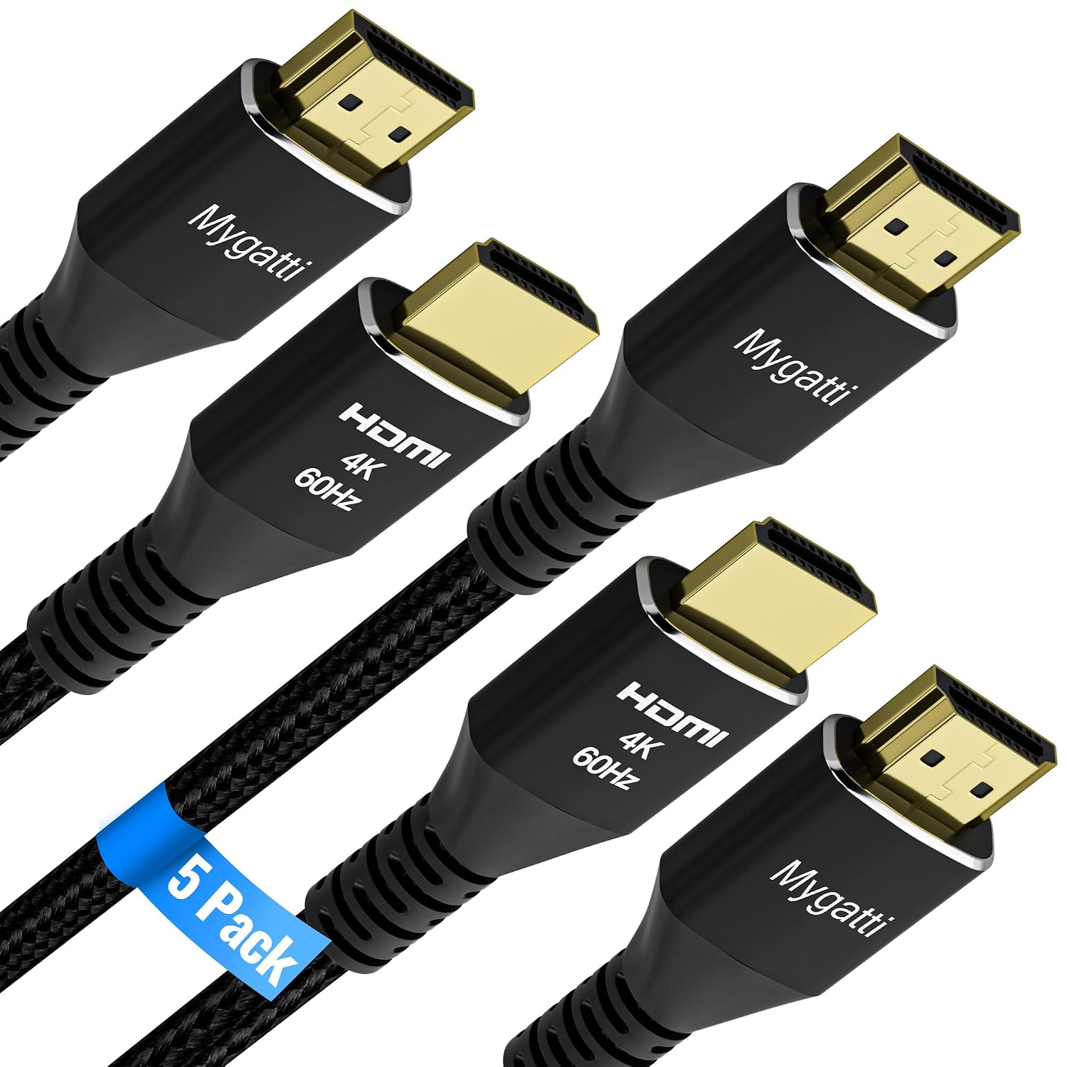 Detalle de Mygatti 4K Ultra HD HDMI 2.0 Kabel-Set (5 m, 5 Stück) mit rechtwinkligen Adaptern, vergoldeten Anschlüssen und Zubehör