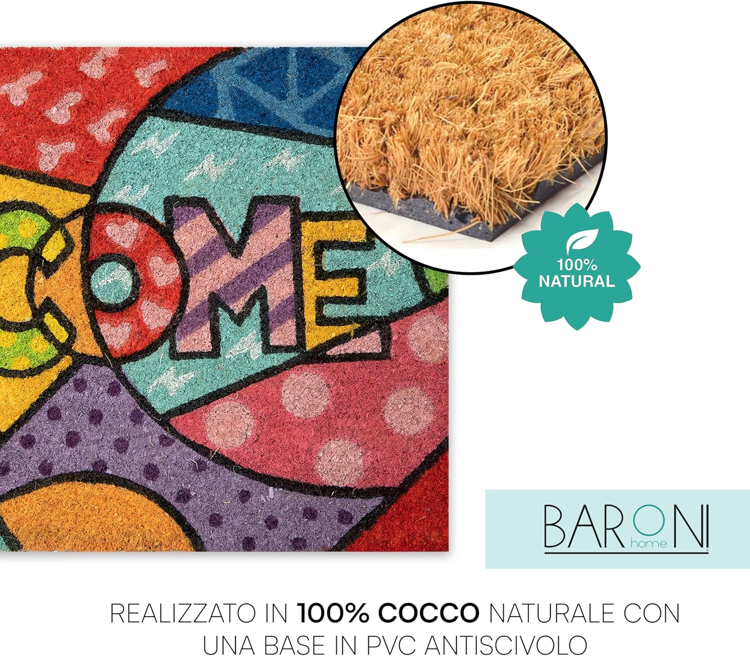 Detalle de Baroni Home Zerbino da Esterno Ingresso Casa in Cocco Dipinto a Mano – Stile Siciliano 70×40 cm
