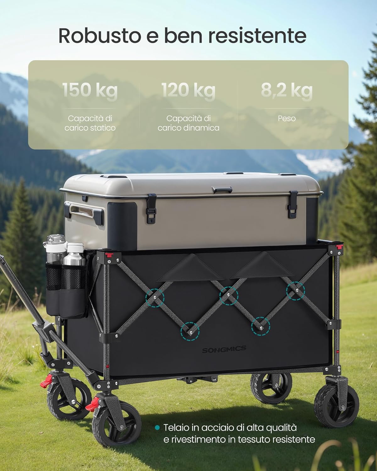 Detalle de SONGMICS Carrello da Campeggio Pieghevole GFW115B01 – Carretto da Giardino 150 L, Portante 150 kg, 4 Ruote Rimovibili