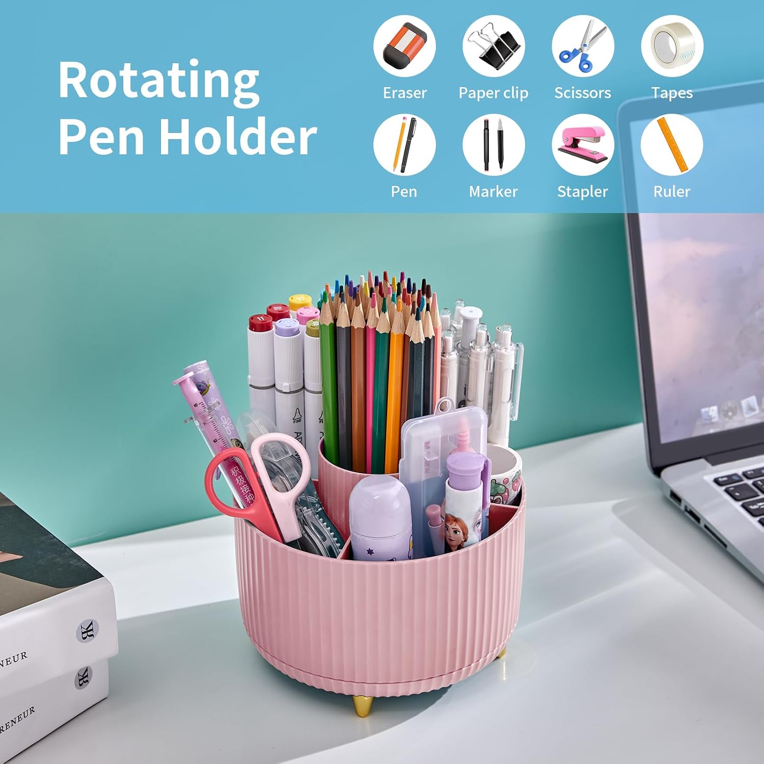 Detalle de Marbrasse Plastic Rotating Pen Holder-Pink Desk Organizer, 5 Compartments
