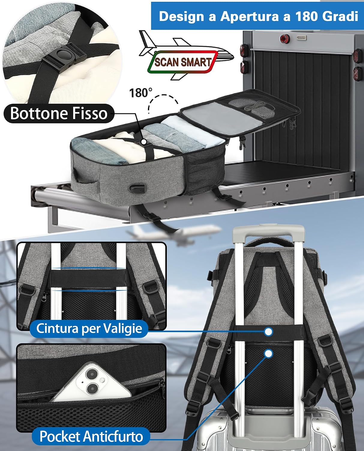Detalle de KLOSTAIN Zaino Ryanair 40x30x20: Zaino da viaggio cabina 24L, Grigio Mélange Chiaro