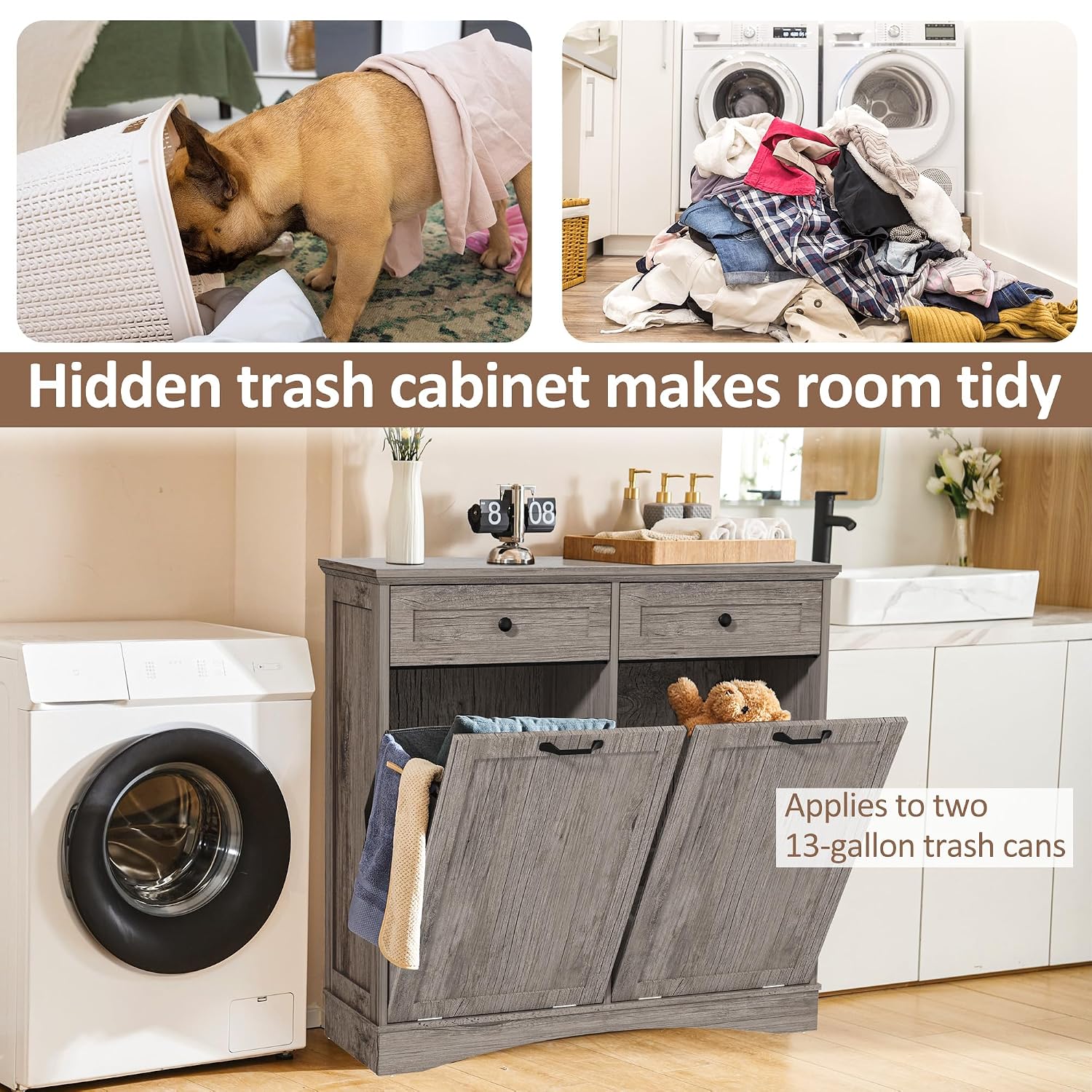 Detalle de OUTGUAVA Double Tilt-Out Trash Cabinet, Gray, 26-Gallon Capacity, Drawers