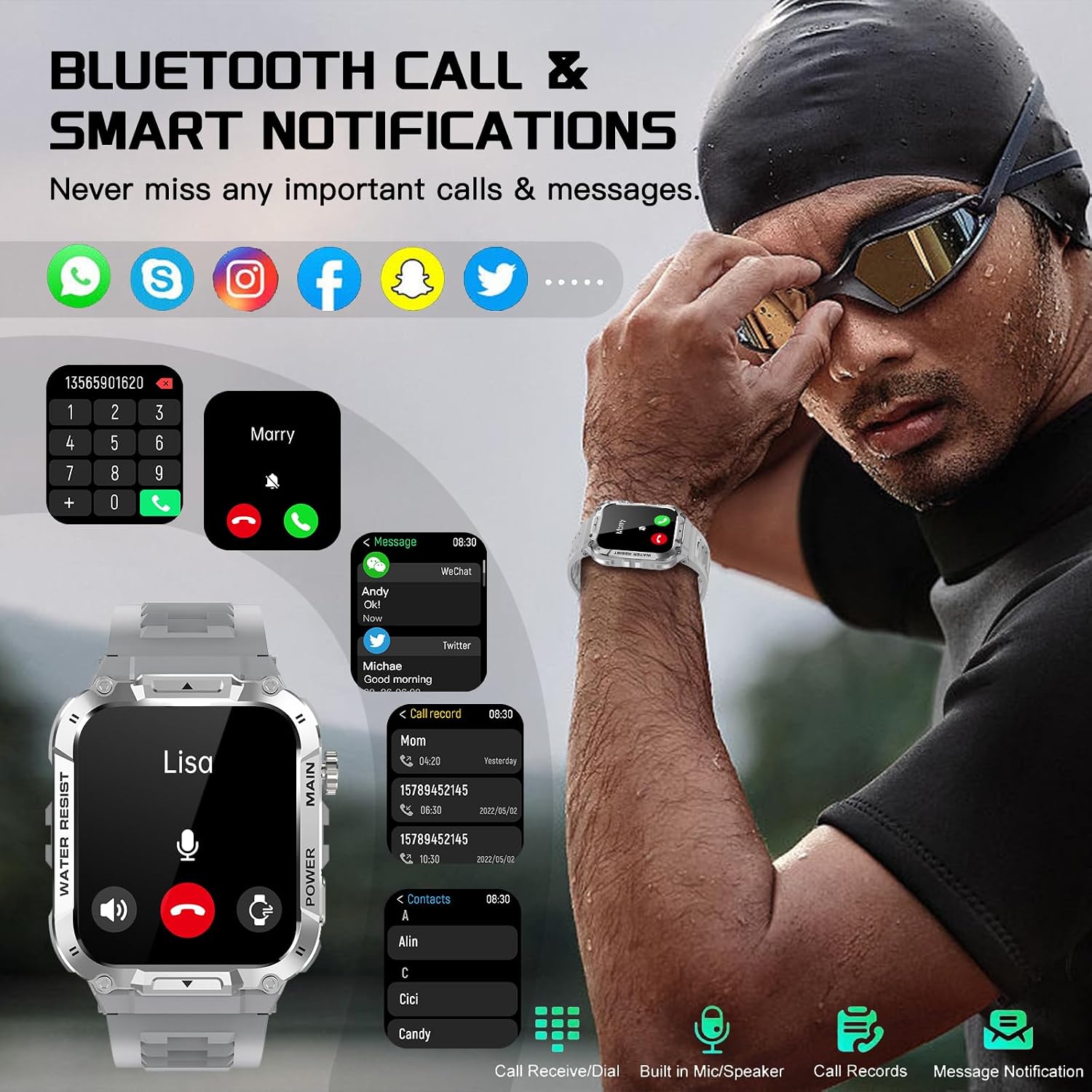 Detalle de Military Smart Watch for Men with Call Function (Gray) – Waterproof fitness tracker for Android & iPhone
