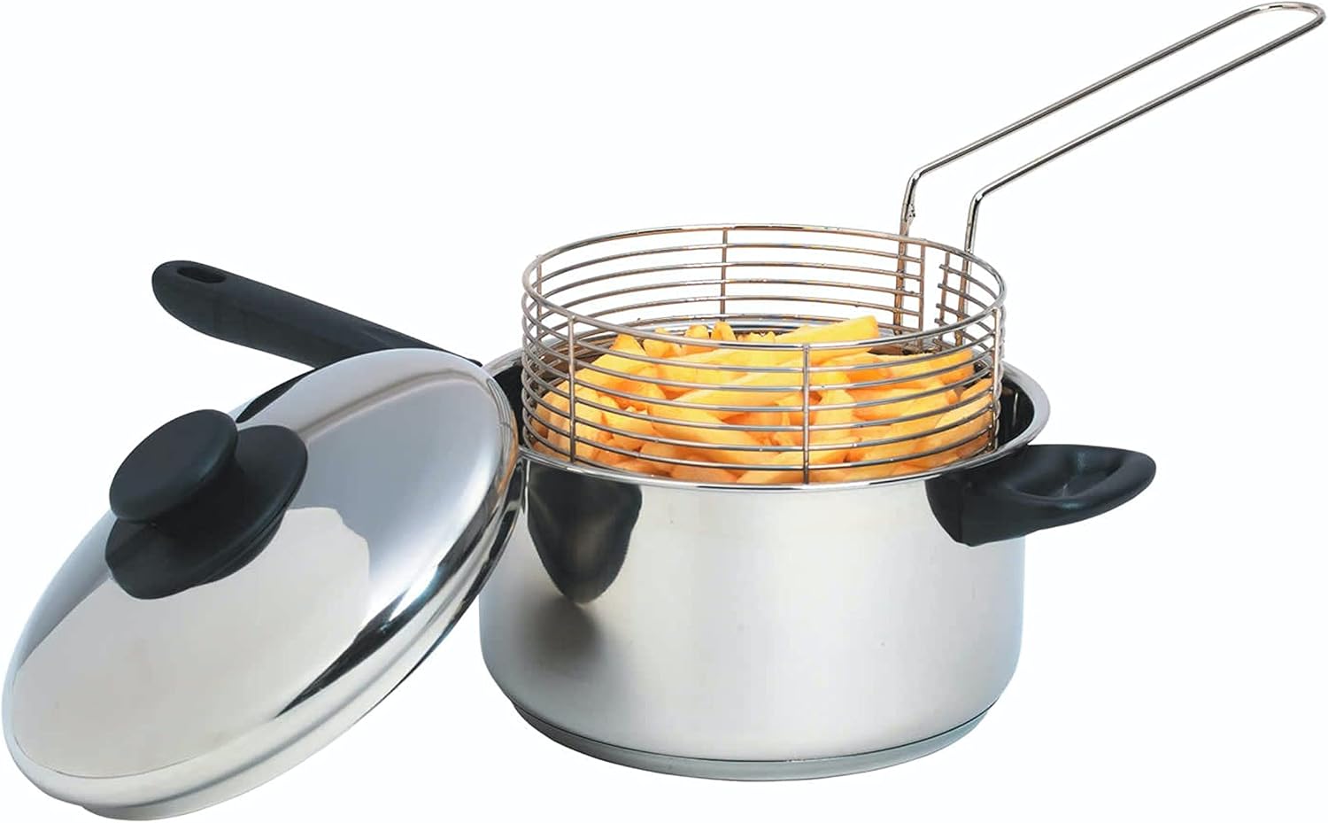Detalle de KitchenCraft KCCHIPLRG frituurpan van roestvrij staal met mand en deksel, 20 cm