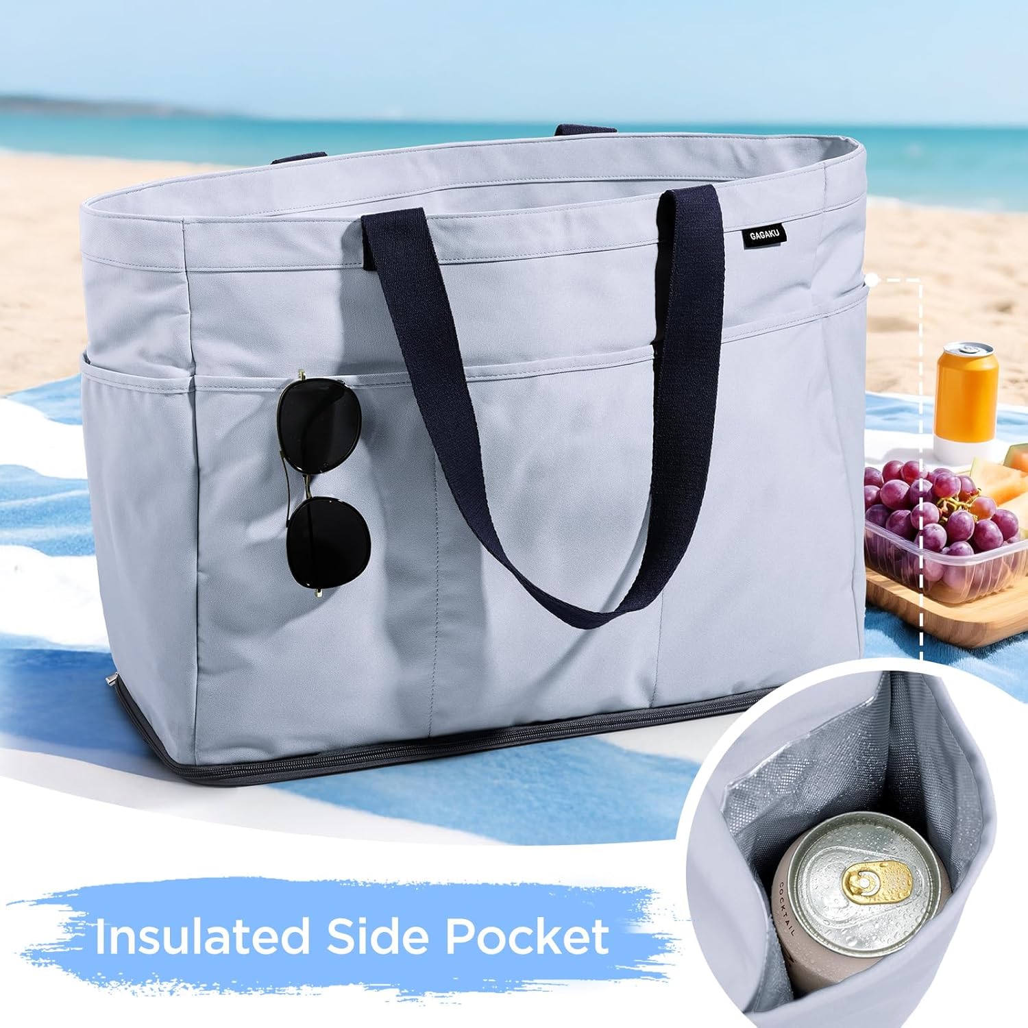 Detalle de GAGAKU Sac de plage XXL avec compartiment isotherme – 50 x 38 x 19 cm, bleu