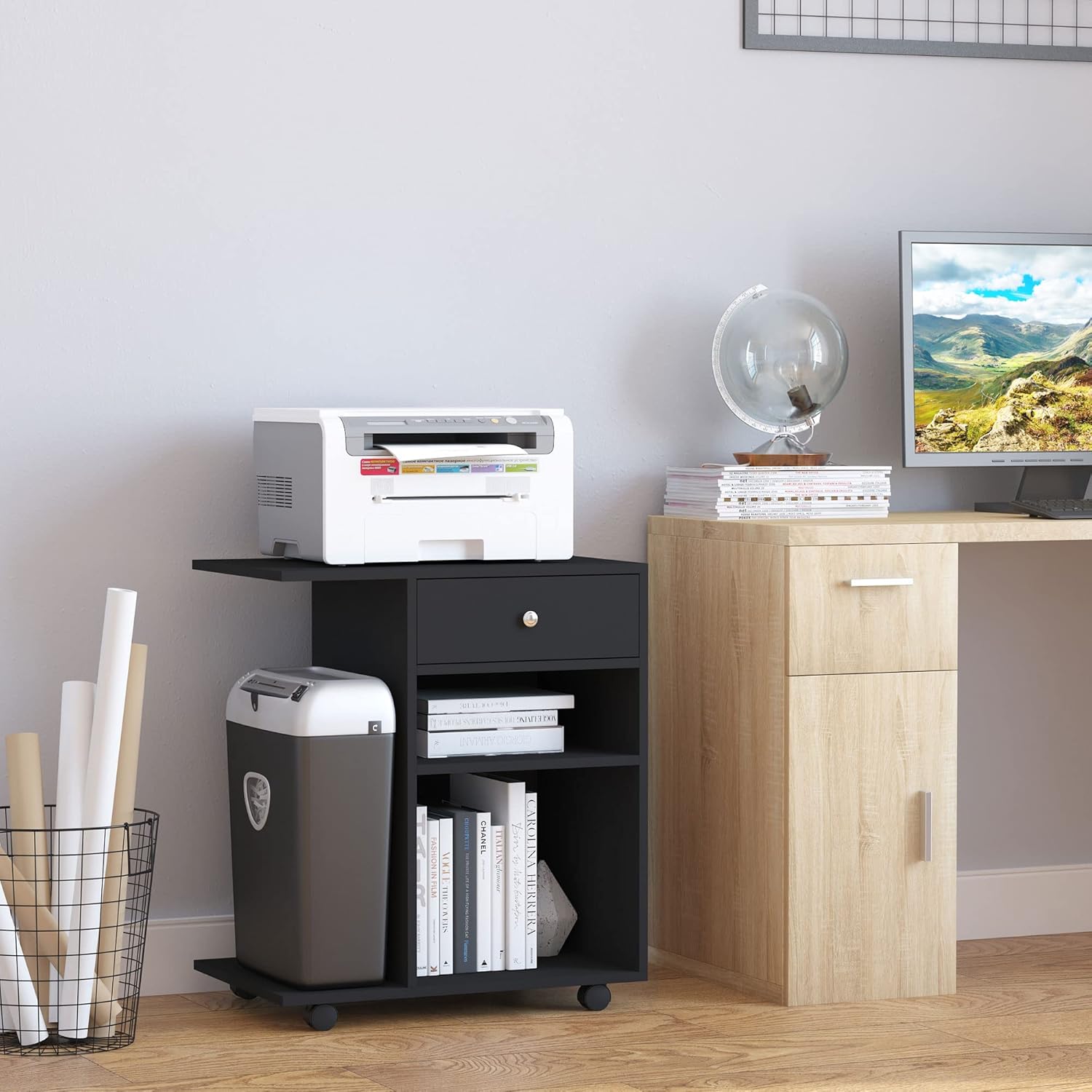 Thumbnail 1 de HOMCOM Vinsetto: Support d'imprimante et Organiseur de Bureau avec 2 Niches, Tiroir et Espace CPU