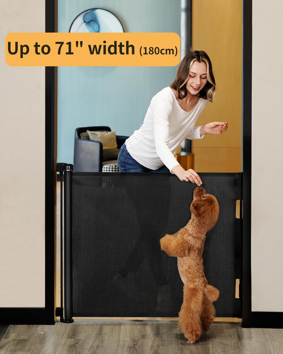 Detalle de Retractable Mesh Safety Gate for Babies and Pets — 86cm Tall, 140cm Wide (Indoor/Outdoor)