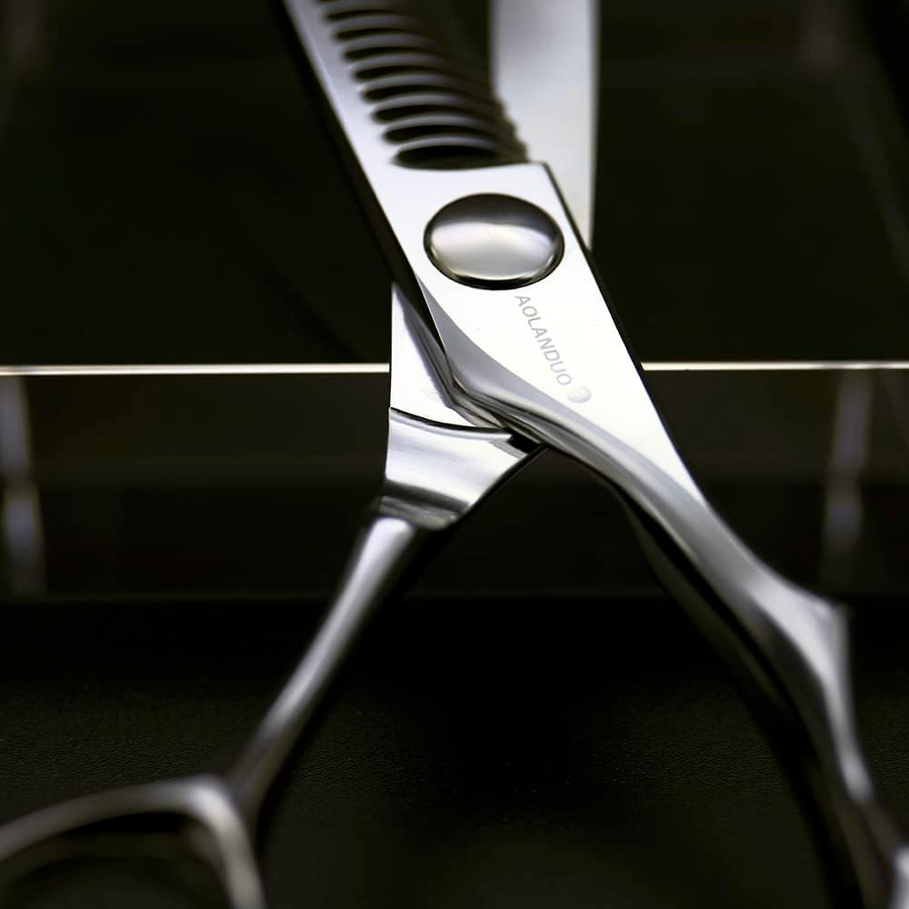 Detalle de AOLANDUO Forbici Sfoltitrici Professionali con Dente Inverso – VG10 Giapponese, 20–25% Sfoltimento, Impugnatura Offset