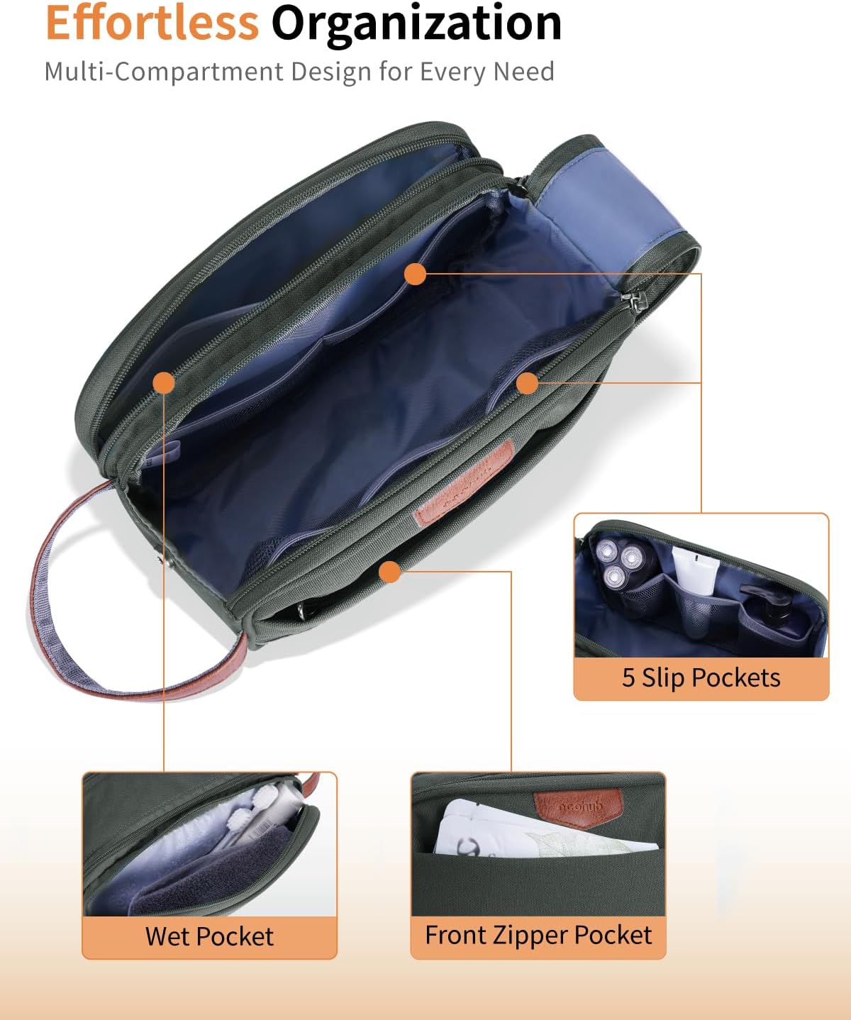 Detalle 2 de ECOHUB Men’s Water-Resistant Toiletry Bag with Wet Pocket (Recycled Dopp Kit) – Green