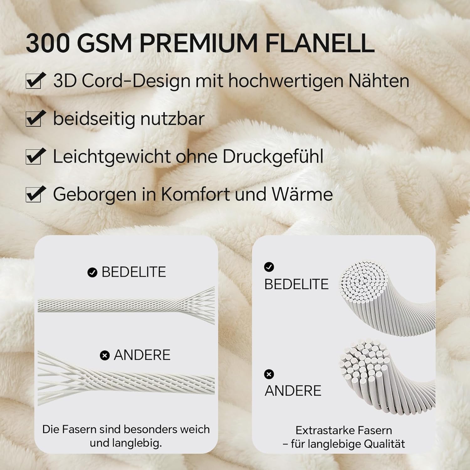Thumbnail 3 de BEDELITE Kuscheldecke Flauschig Groß – weiche Flanell-Decke 220x240 in Elfenbein Weiß