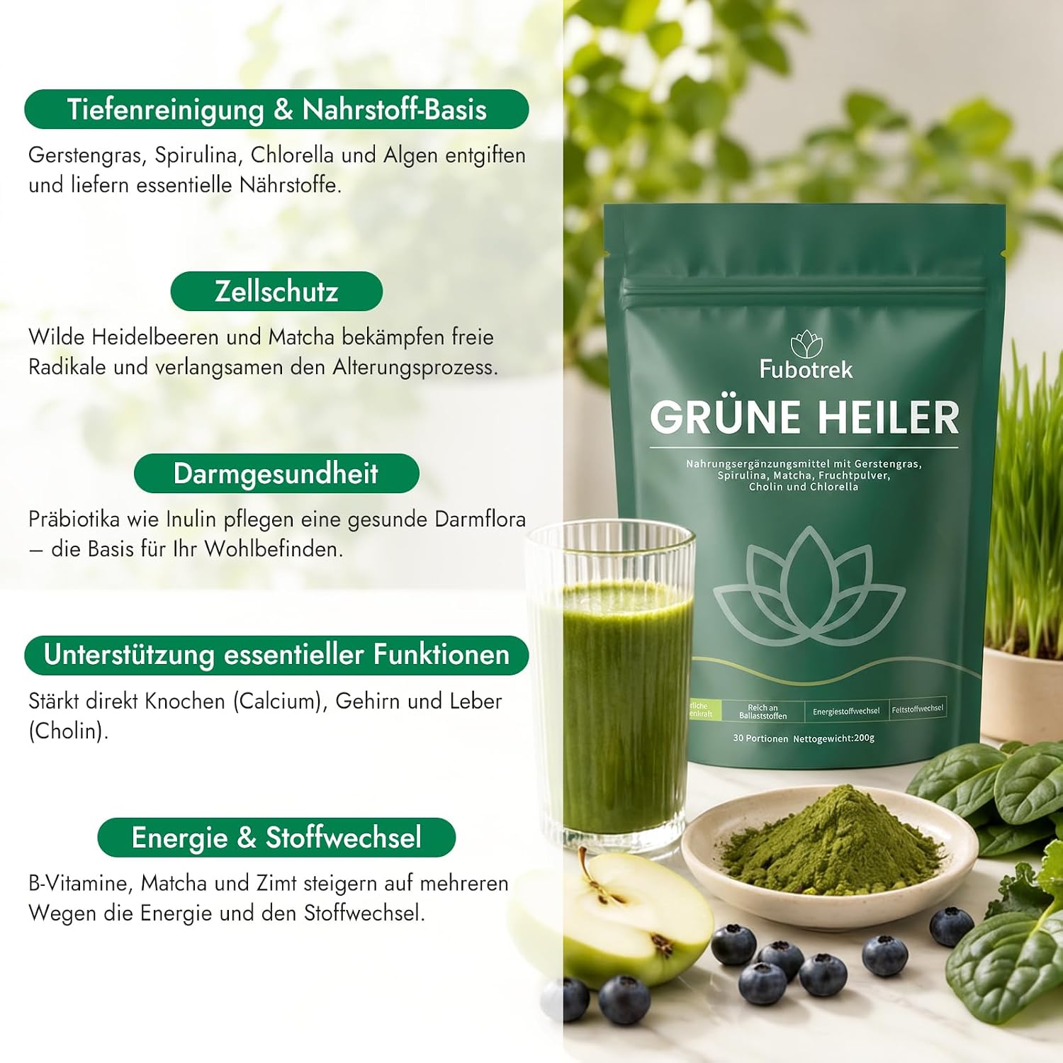Detalle de Grüne Entgiftungspulver 200 g – Matcha, Spirulina & Heidelbeeren