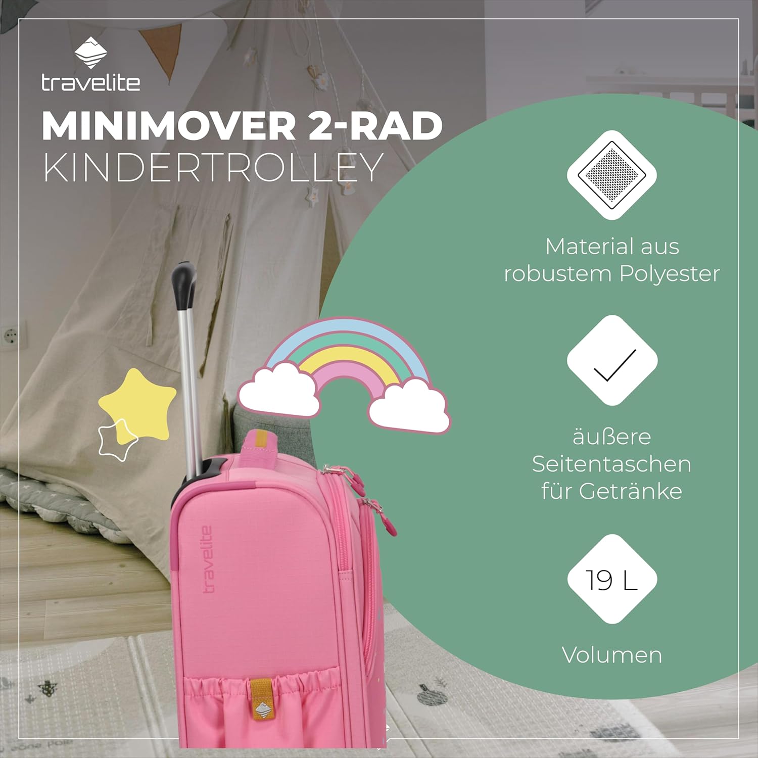 Detalle 2 de travelite MINIMOVER Kinderkoffer mit 2 Rollen (Handgepäck) – 44 cm, 1,9 kg, recyceltes Polyester
