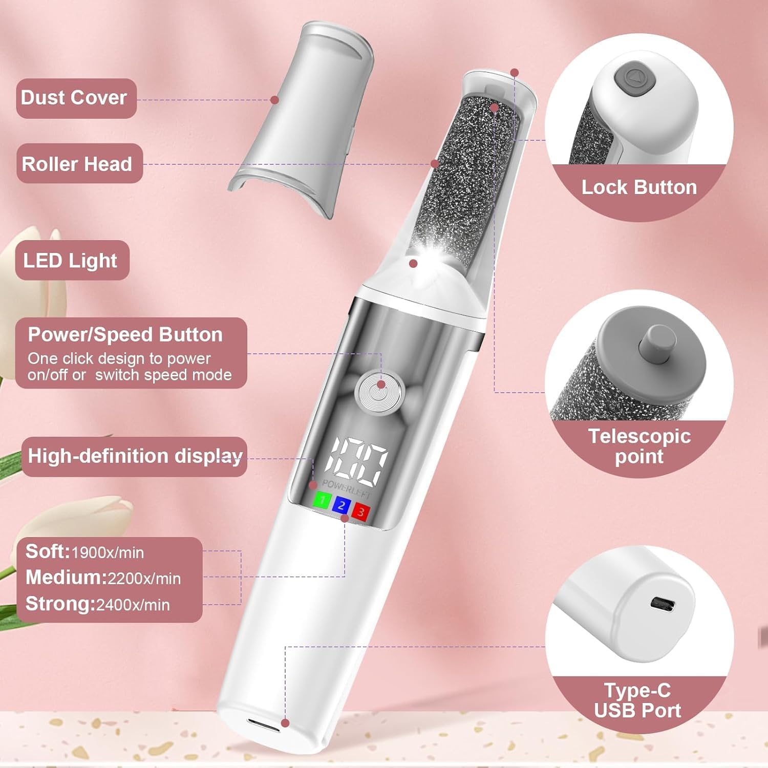 Detalle de Dongxw Electric Foot Callus Remover – Rechargeable Pedicure Foot File with 3 Roller Heads