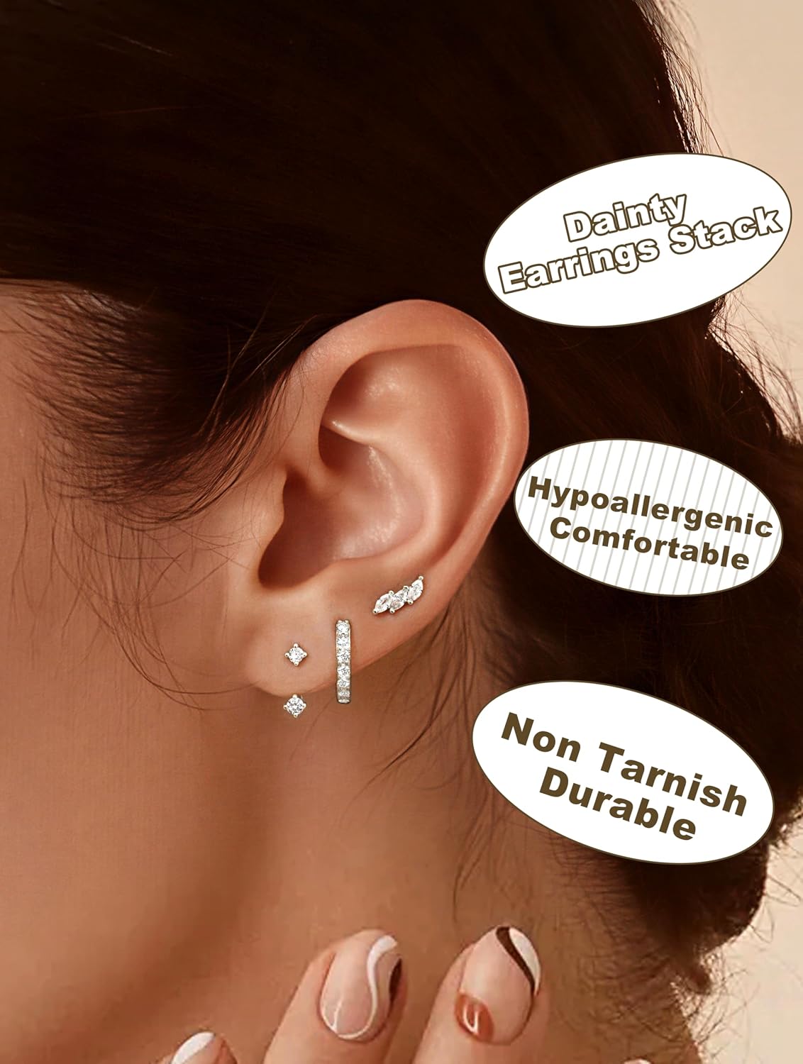Detalle 2 de JeweBella 3er-Set Ohrringe aus 925 Sterling-Silber (14 Karat vergoldet) – kleine Ohrstecker, Creolen & Zirkonia