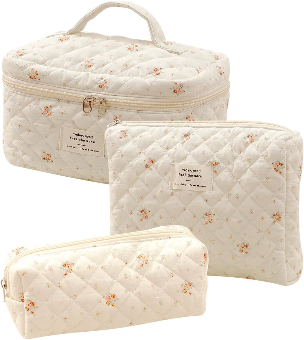 Thumbnail 6 de Aucuu 3PCS Kosmetiktasche-Set mit Blumenmuster – gesteppt, Baumwollstoff, Reise-Organizer für Damen