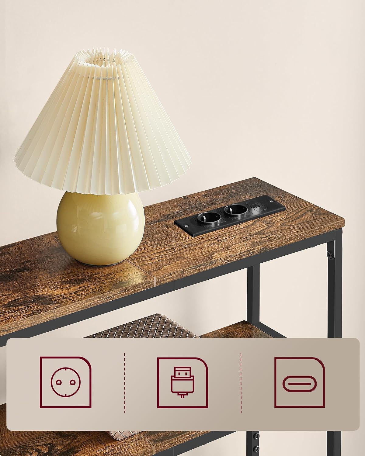 Detalle 2 de VASAGLE LNT136KD01 konsolbord med två hyllplan och integrerat grenuttag