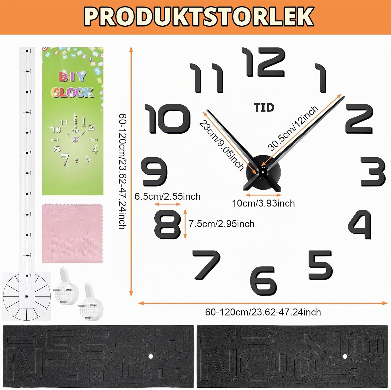 Detalle 2 de JIZZU CZ-K0-1-EU väggklocka med 3D-siffror, svart och ramlös