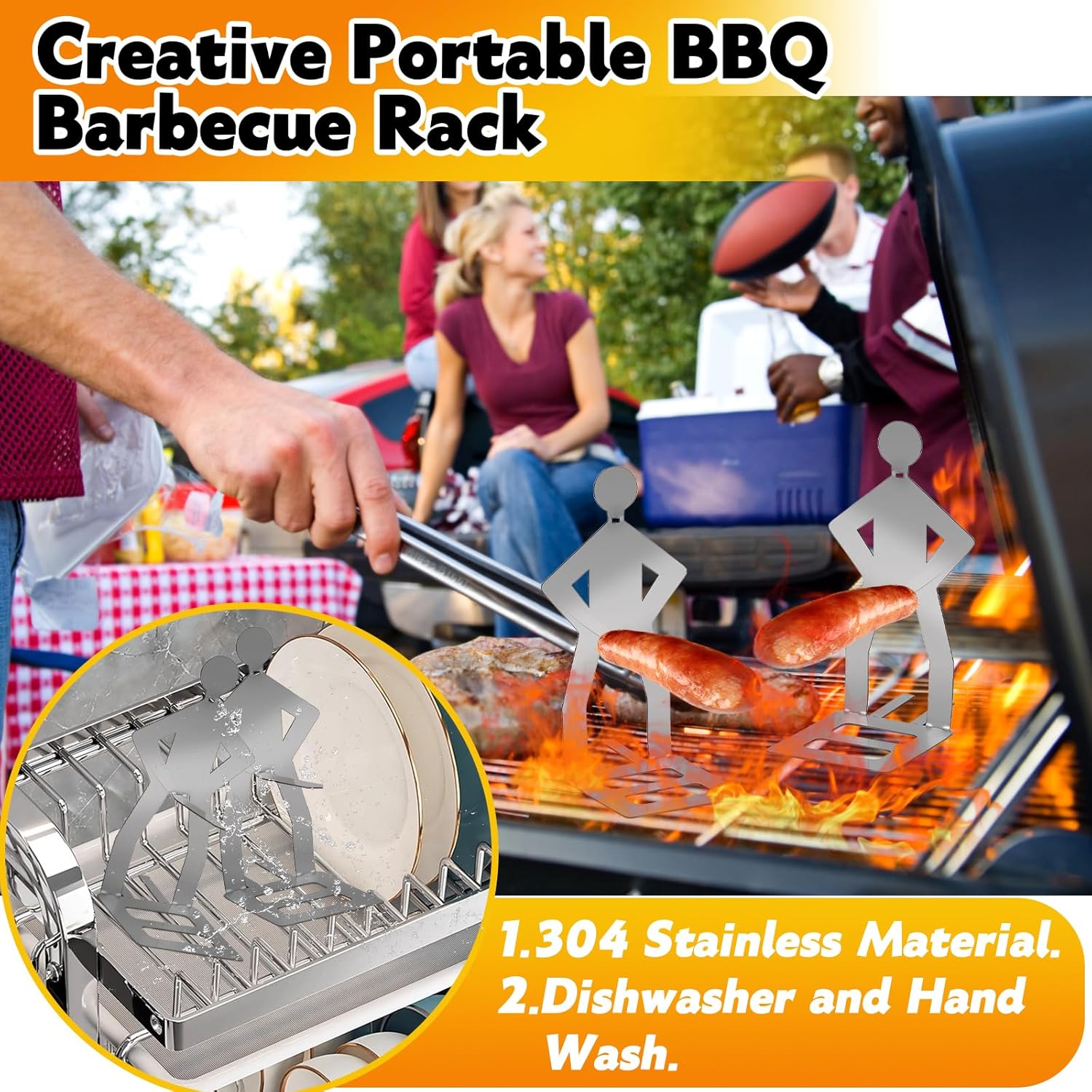 Detalle de 3 strumenti divertenti per barbecue: forchetta, supporto per salsicce in acciaio inossidabile e accessori per grigliare all'aperto