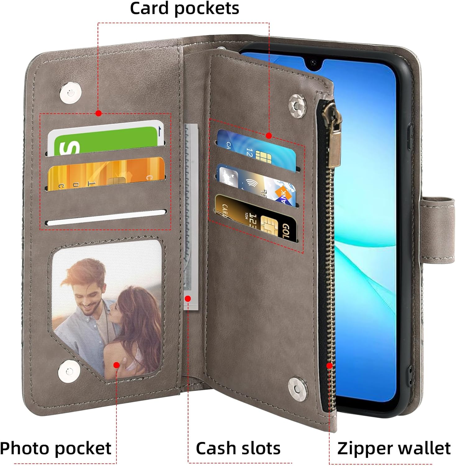 Thumbnail 1 de Asuwish Wallet Case for Samsung Galaxy A17 5G – Grey with Tempered Glass Screen Protector