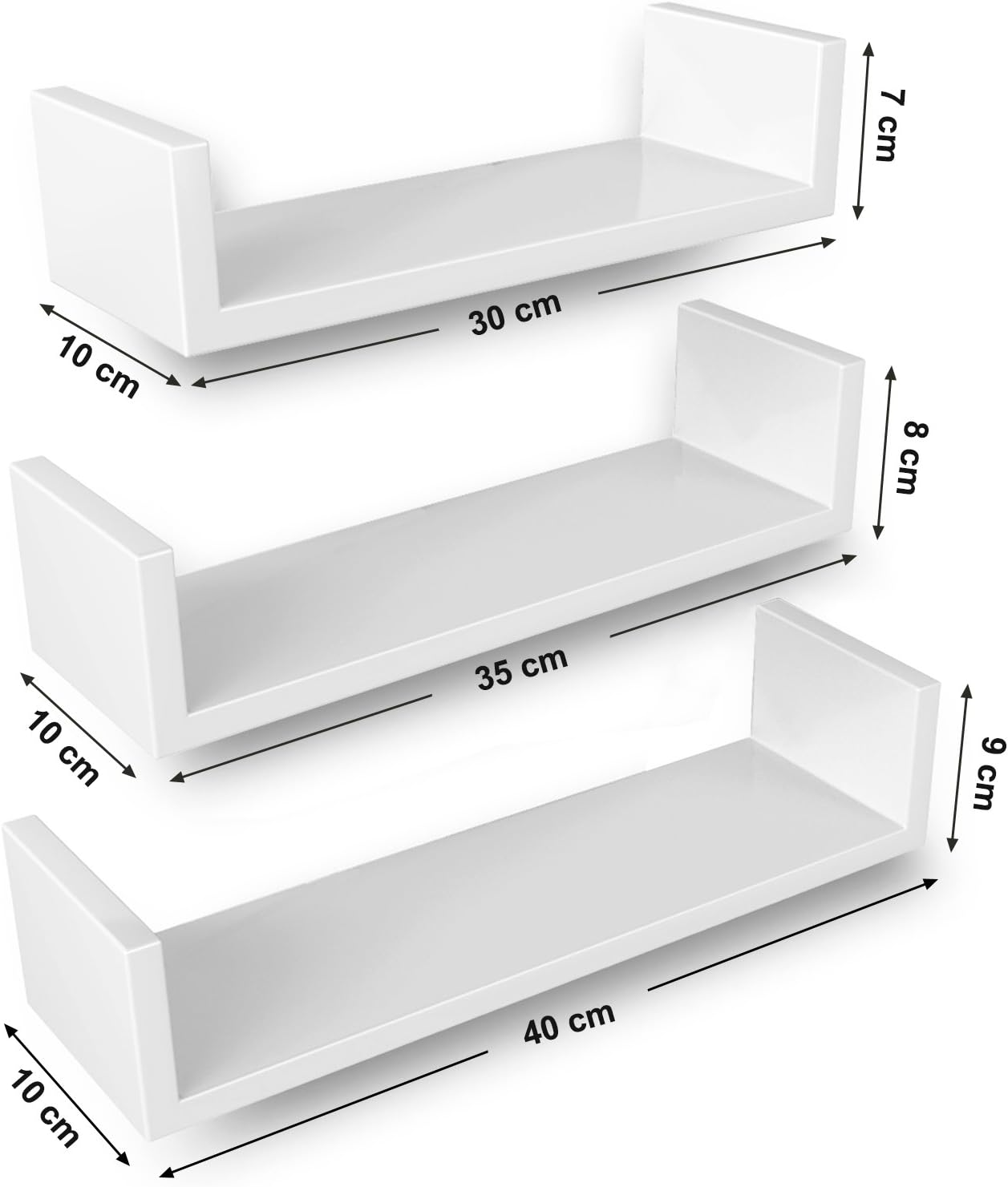 Detalle de SONGMICS LWS40WT Floating Wall Shelves, Set of 3, White Gloss Finish