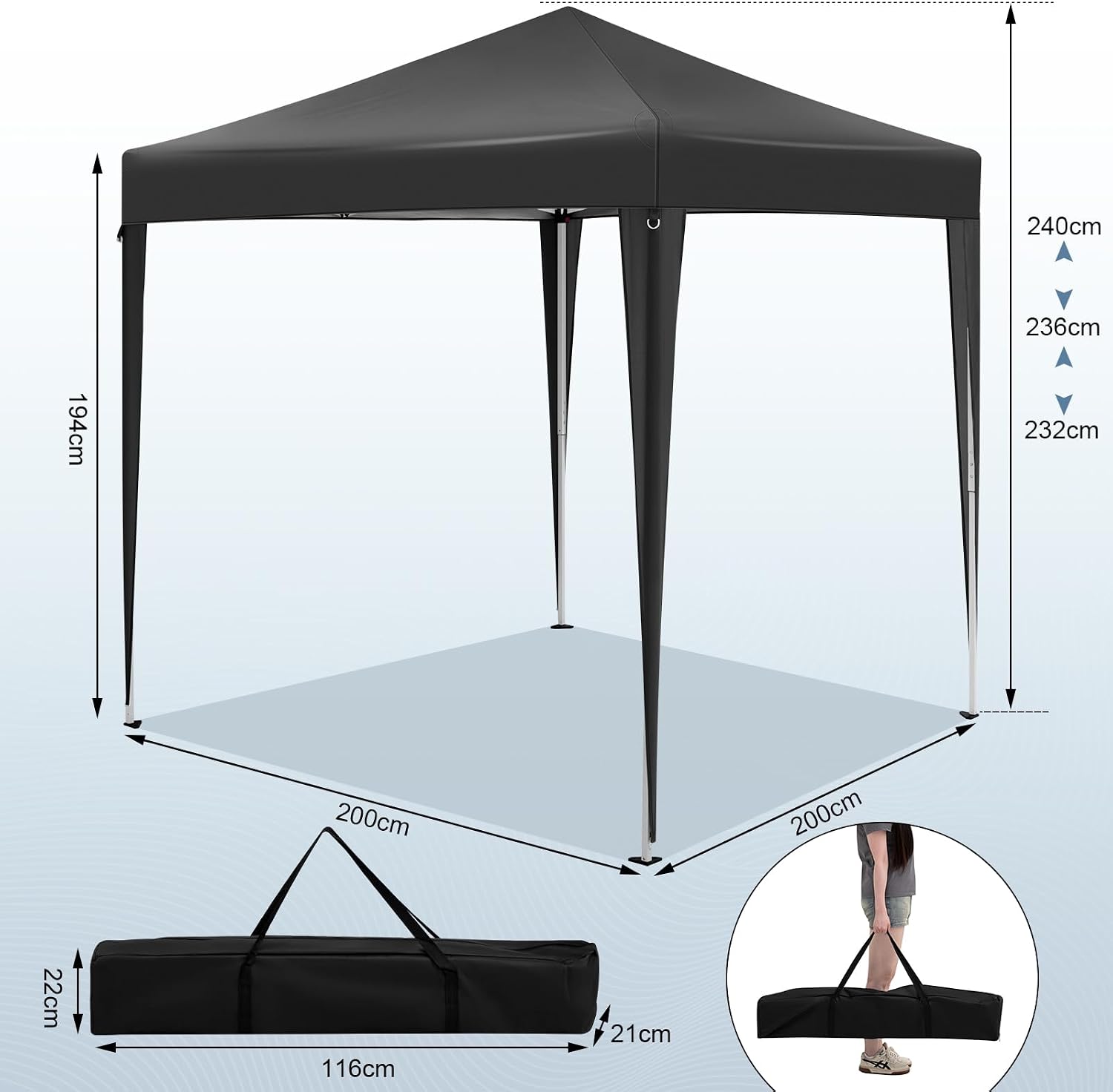 Thumbnail 6 de WOLTU Pavillon 2x2 m mit 4 Seitenwänden – wasserabweisend, UV-Schutz 50+, pop-up Aufbau, inklusive Tragetasche, Anthrazit