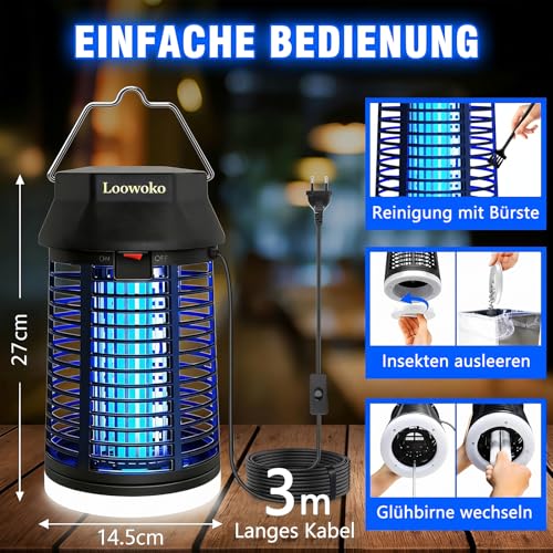 Detalle 2 de Loowoko Insektenvernichter elektrisch mit 3 m Verlängertem Kabel – 4200V, LED-Licht, IPX4