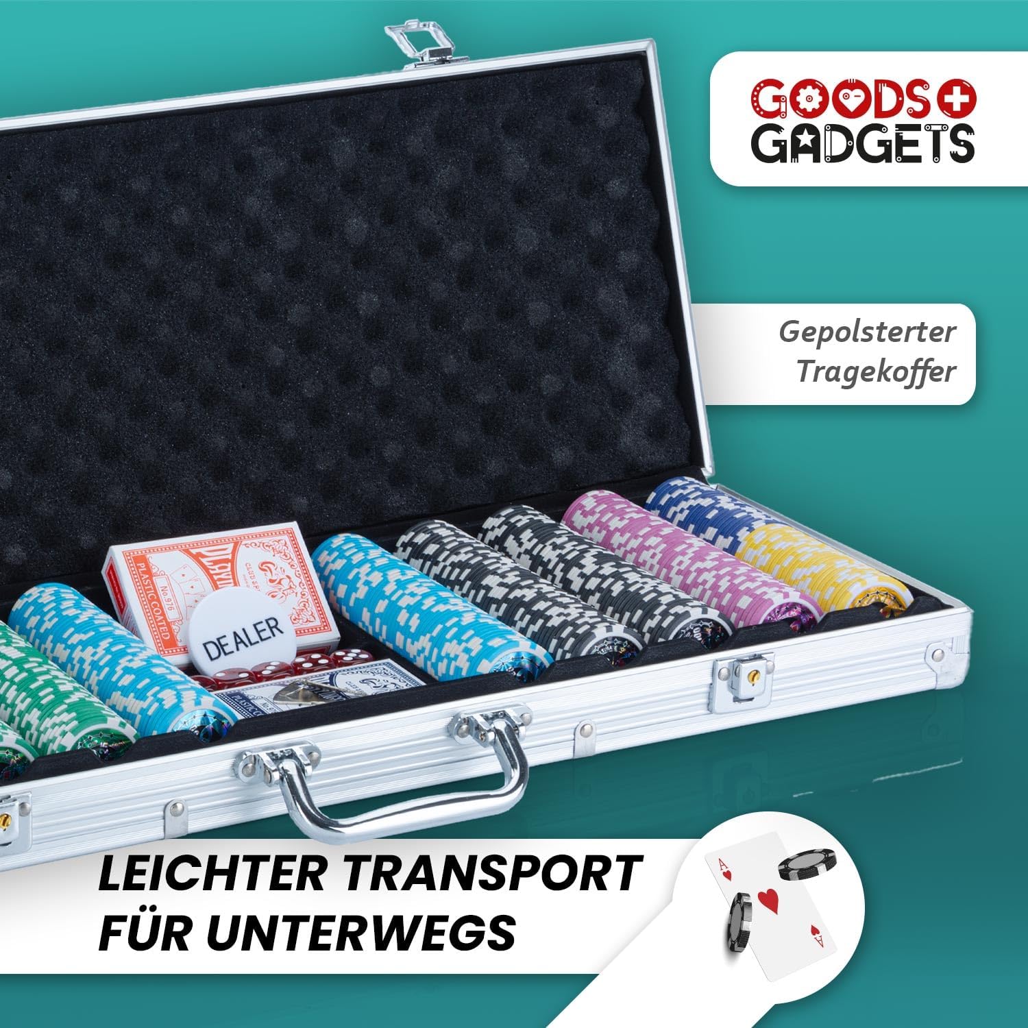 Detalle de GOODS+GADGETS Profi Pokerkoffer Pokerset 500 – hochwertiges Casino-Set mit Aluminiumkoffer