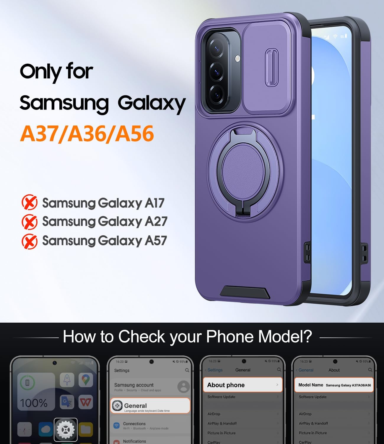 Thumbnail 1 de AOUIA 5G Case for Samsung A37/A36/A56 with 2 Screen Protectors, 360° Kickstand and Slide Camera Cover