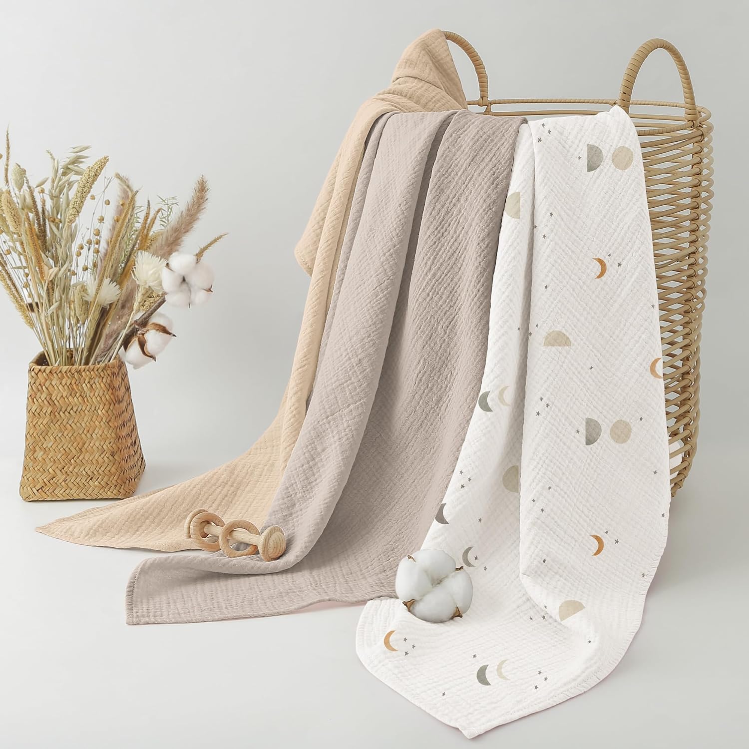 Thumbnail 3 de Bearmoss Baby Musselin Decke 96x102 cm – 3er-Pack, 100% Baumwollmusselin, Apricotgrau
