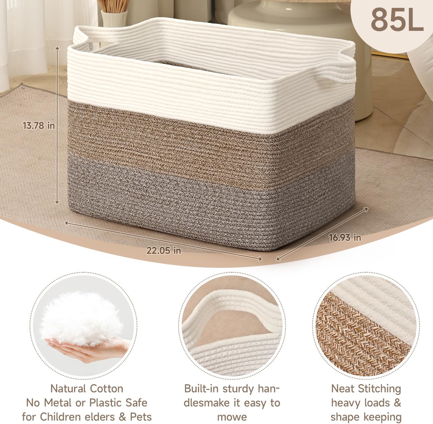 Detalle 2 de CLHMILY&Z Square Cotton Rope Storage Basket 110L