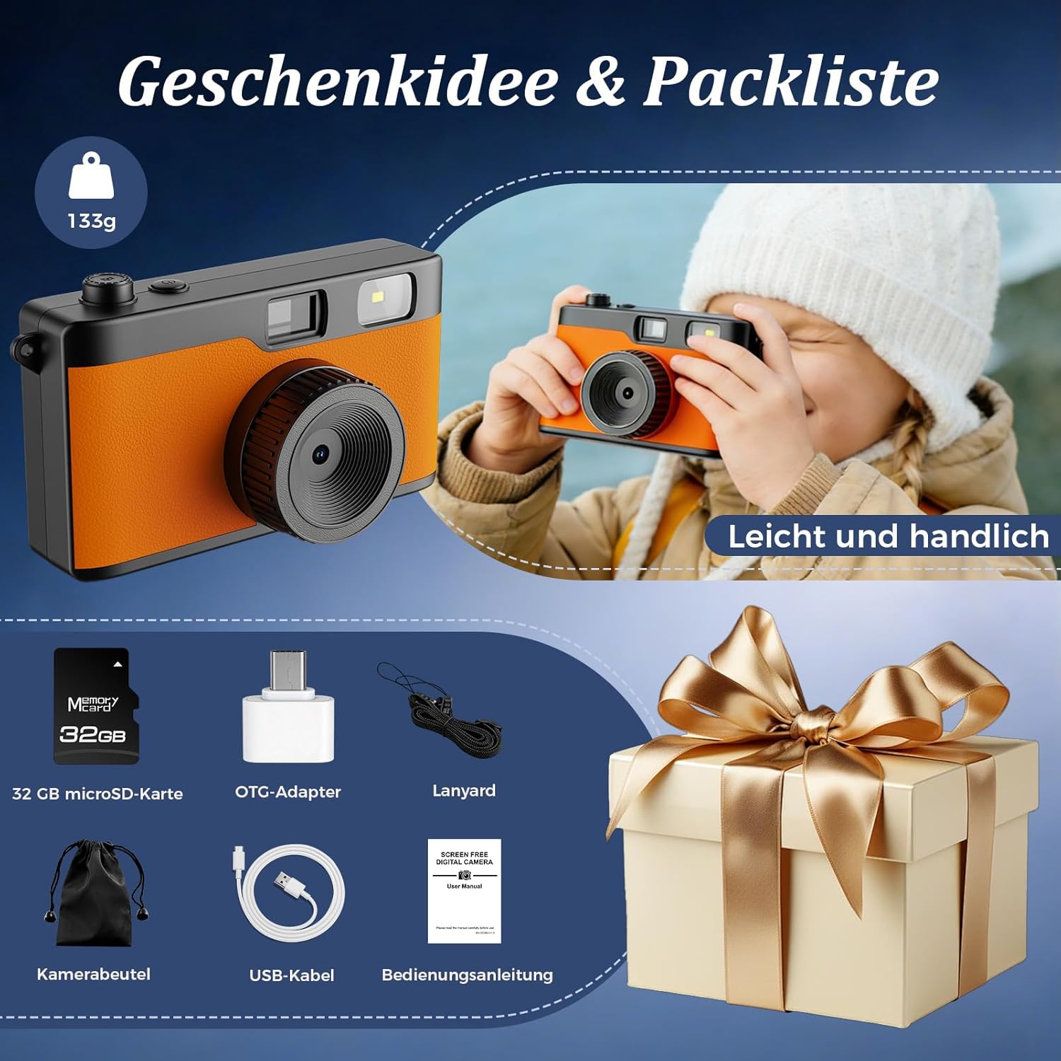 Thumbnail 6 de Retro-Digitalkamera ohne Bildschirm mit Blitz, 12-MP-Fotos und 32-GB microSD (Orange) inkl. OTG-Adapter – Retro-Digitalkamera-Ersatz