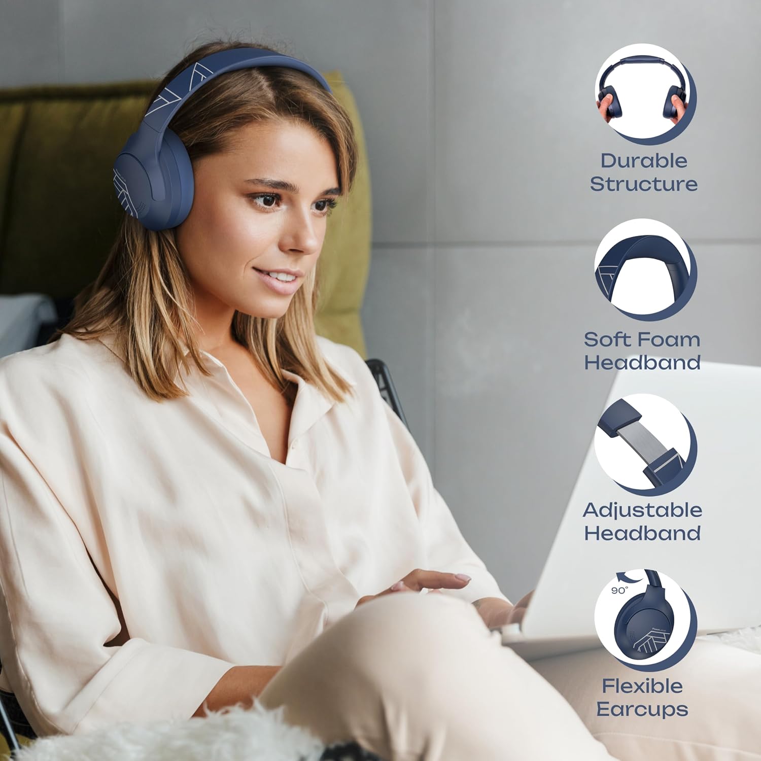 Thumbnail 2 de PowerLocus Bluetooth Headphones Over Ear (Blue) – 50 Hours Playtime, 4 EQ Modes, Foldable & Wired Option