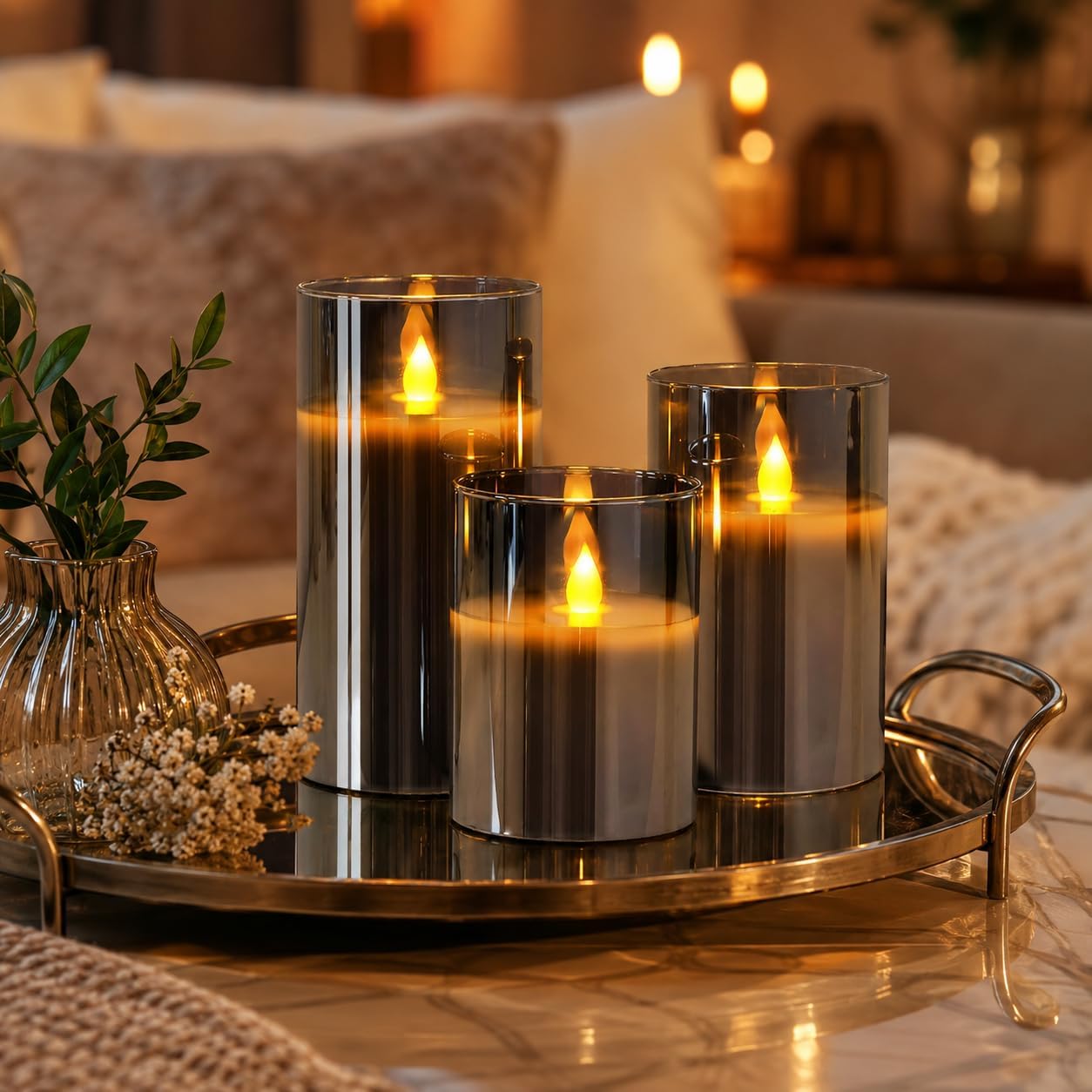 Detalle de YMing flameless LED candles set (4"/5"/6") with remote and timer – real-wax style, gold glass pillars