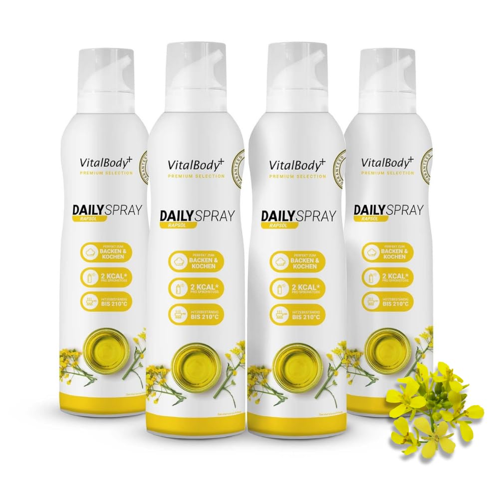 Detalle de VitalBody+ DailySpray 4er Pack – Rapsölspray zum Braten, Grillen & Backen (2 kcal pro Sprühstoß, 800 Portionen pro Flasche, laborgeprüft)