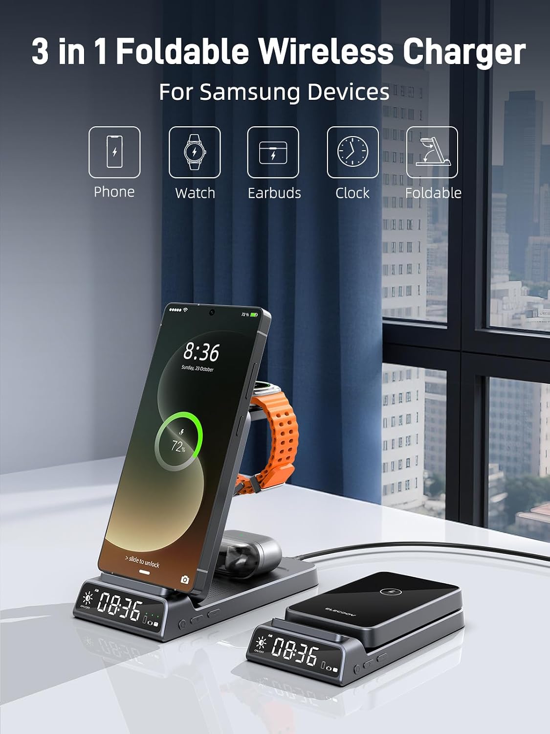 Thumbnail 1 de Drahtloses 3-in-1 Ladegerät für Samsung Ladestation mit Uhr (faltbar, grau) für Galaxy S25 Ultra/S24, Watch 8–5 Pro & Galaxy Buds