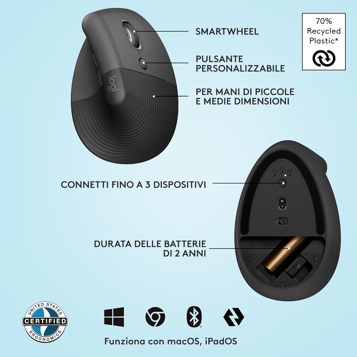 Thumbnail 5 de Logitech Lift mouse ergonomico verticale senza fili con ricevitore Bluetooth o Logi Bolt USB, 4 tasti, click silenziosi – grigio