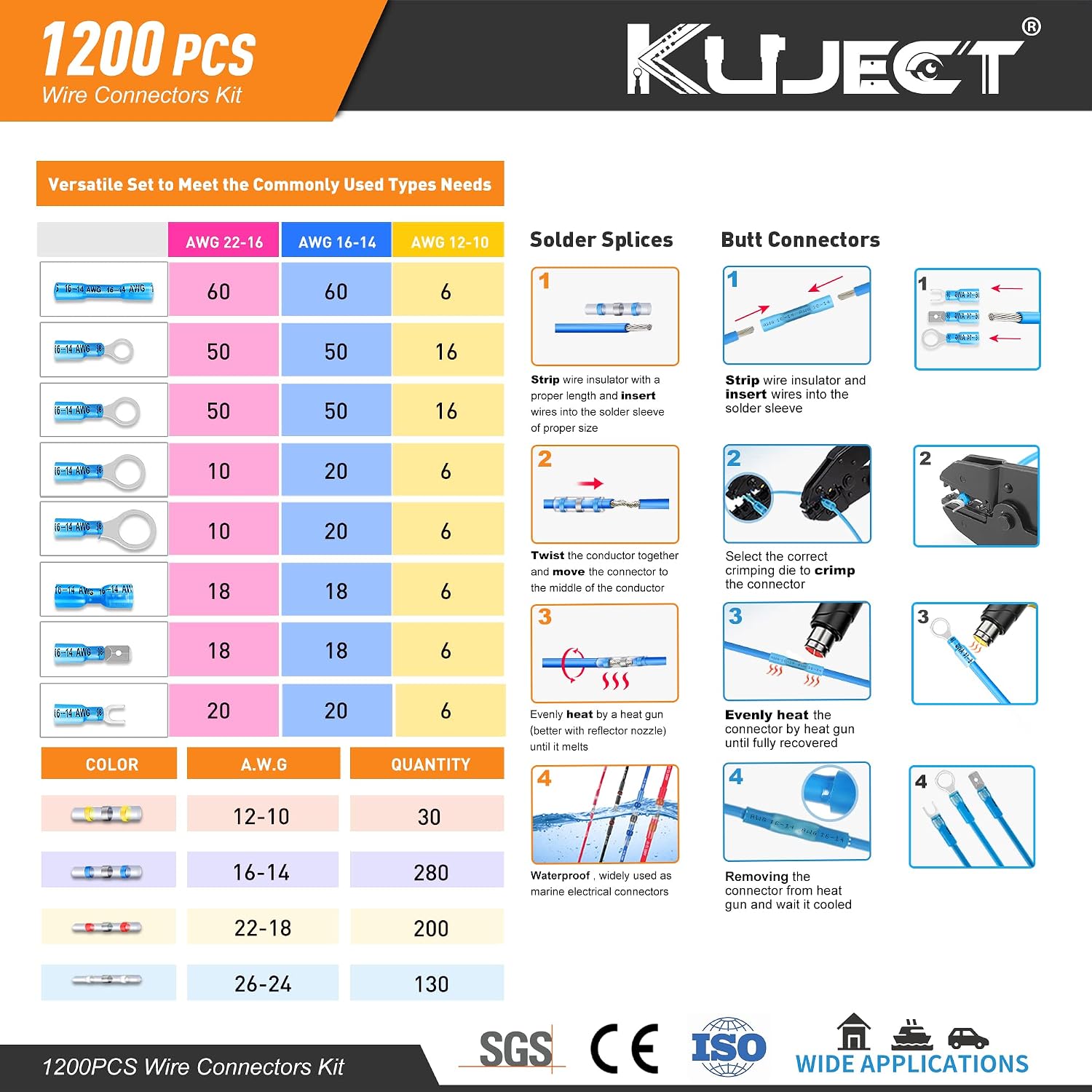 Detalle de Kuject SS1200 Heat-Shrink Wire Connector Kit, 1,200 Pieces, Copper Contacts