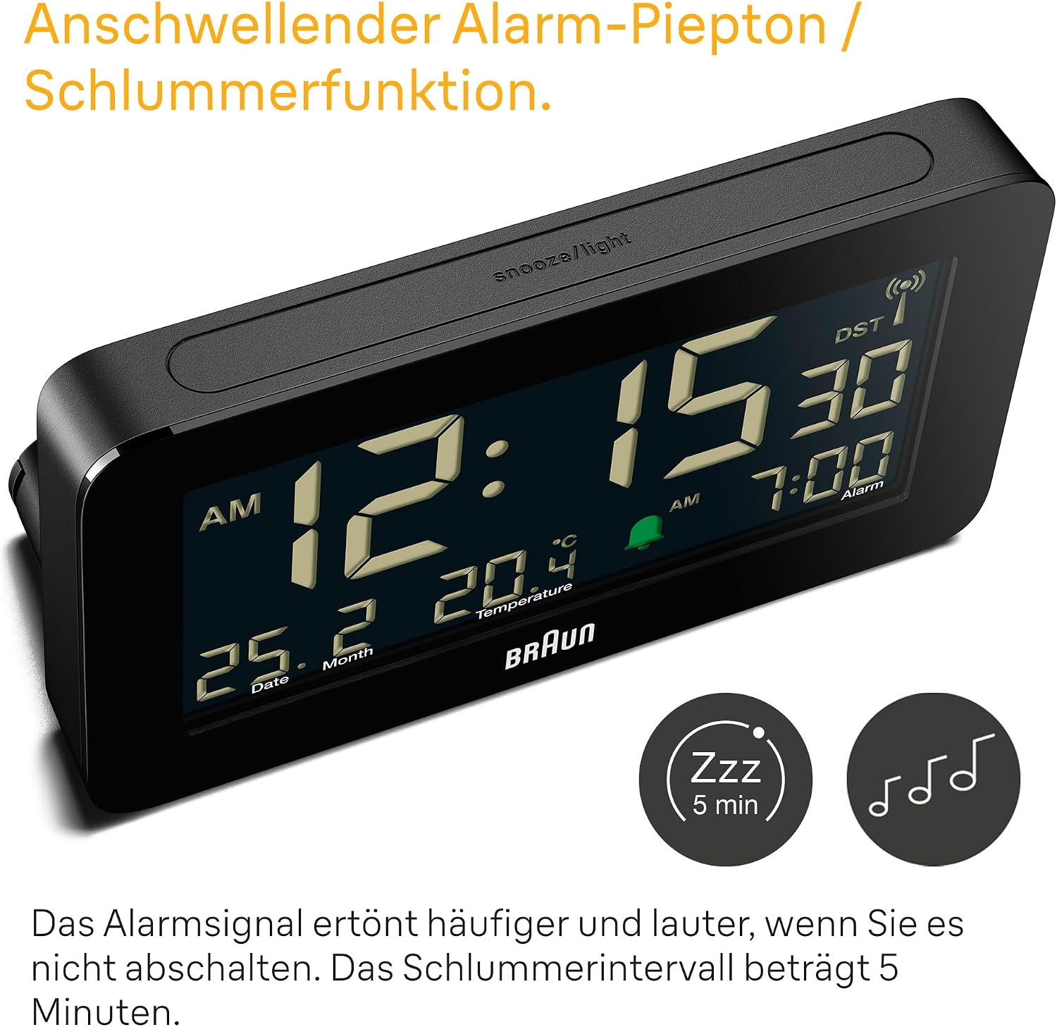 Detalle de Braun Funk-Digitalwecker BC10B-DCF – Funkgesteuert mit Datums-, Monats- und Temperaturanzeige