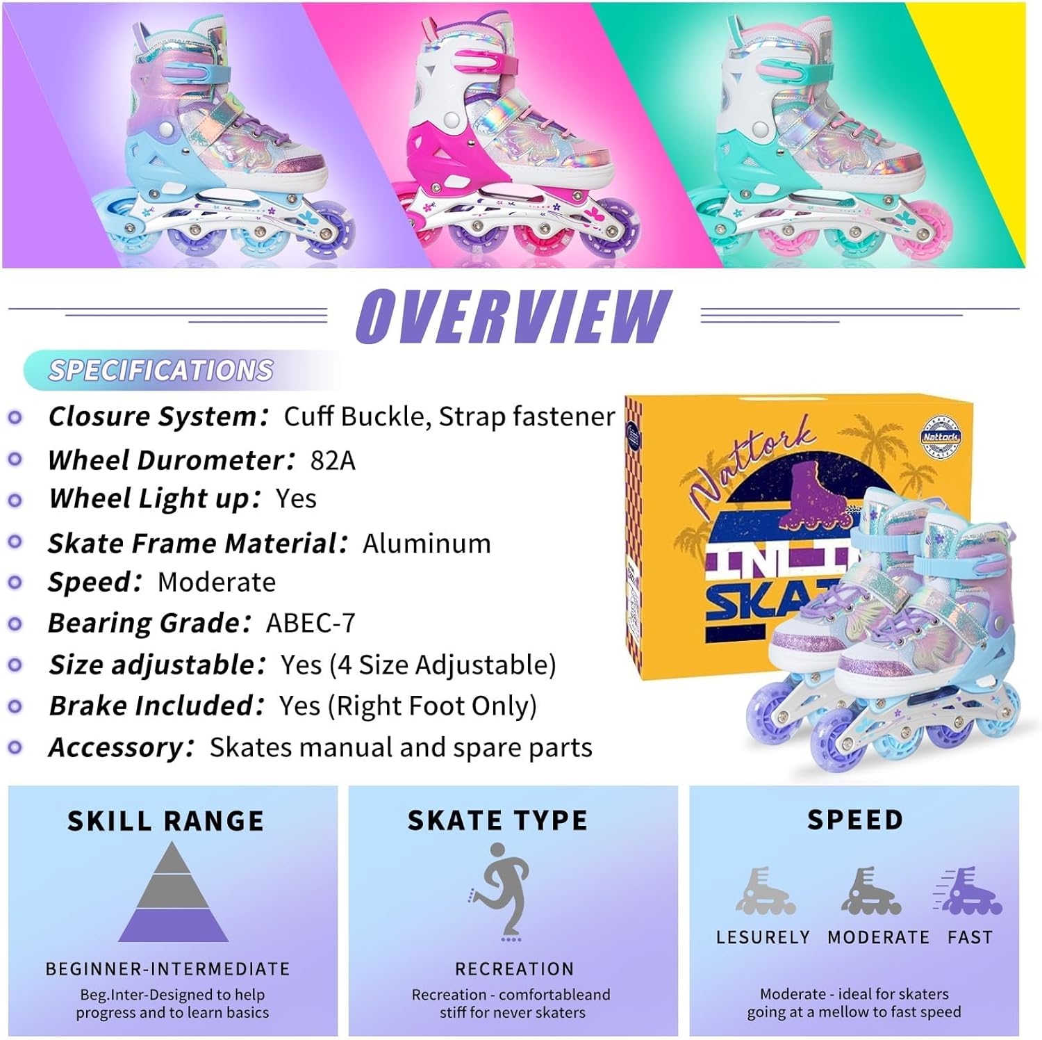 Thumbnail 5 de Nattork Kids Inline Skates: 4-Size Adjustable Butterfly Design with Light-Up Wheels