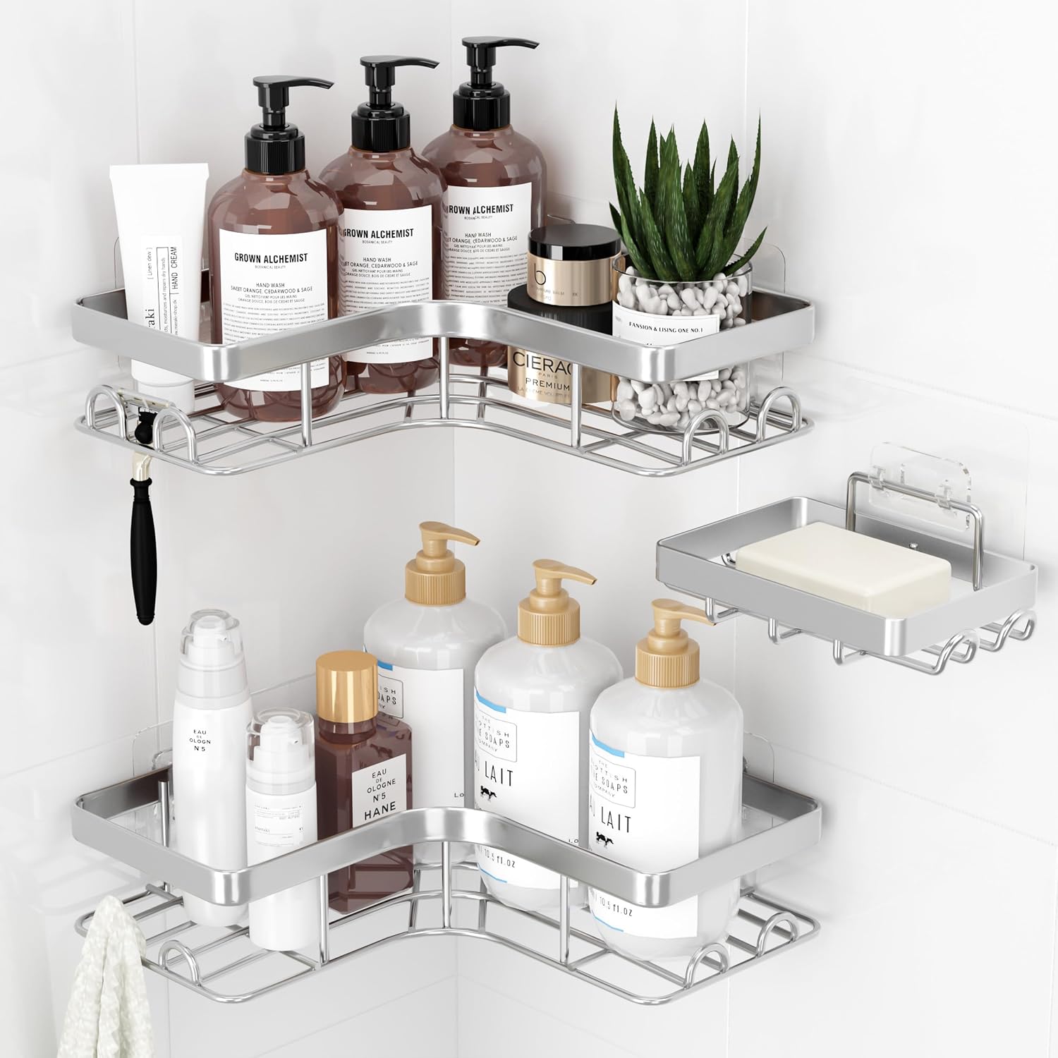 Detalle de Sakugi CA657 3-Piece Corner Shower Caddy in Stainless Steel, Silver