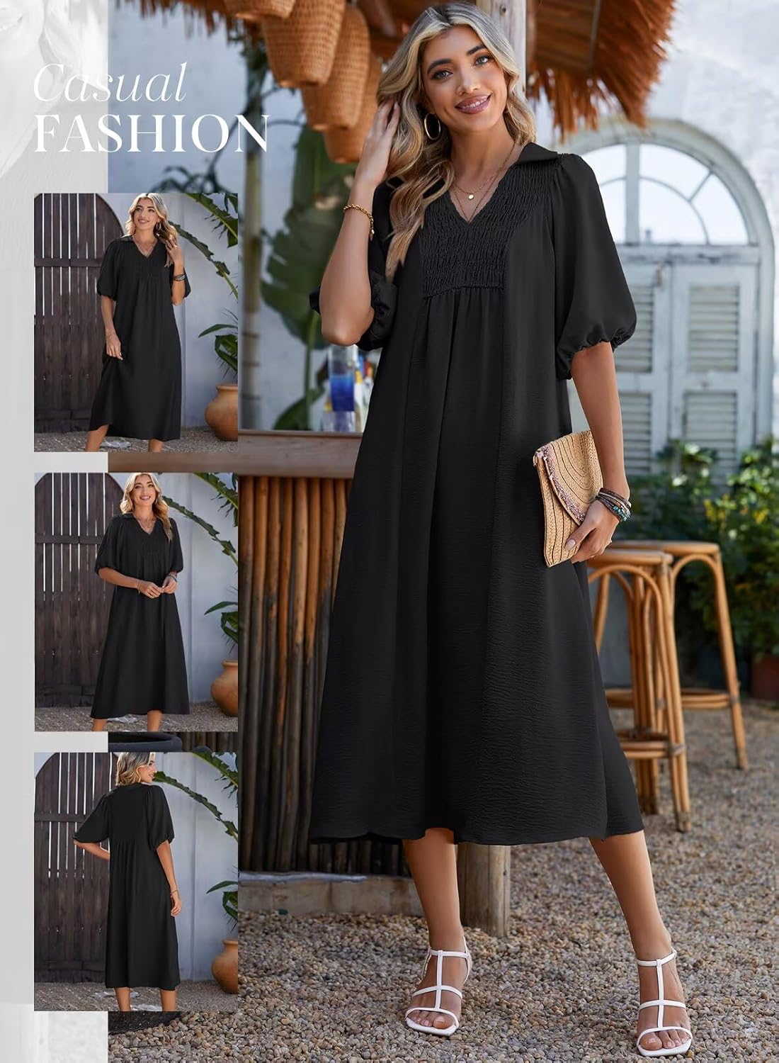 Detalle de Dokotoo 2026 Summer Dress: V-Neck, Puff Sleeve Maxi with Pockets