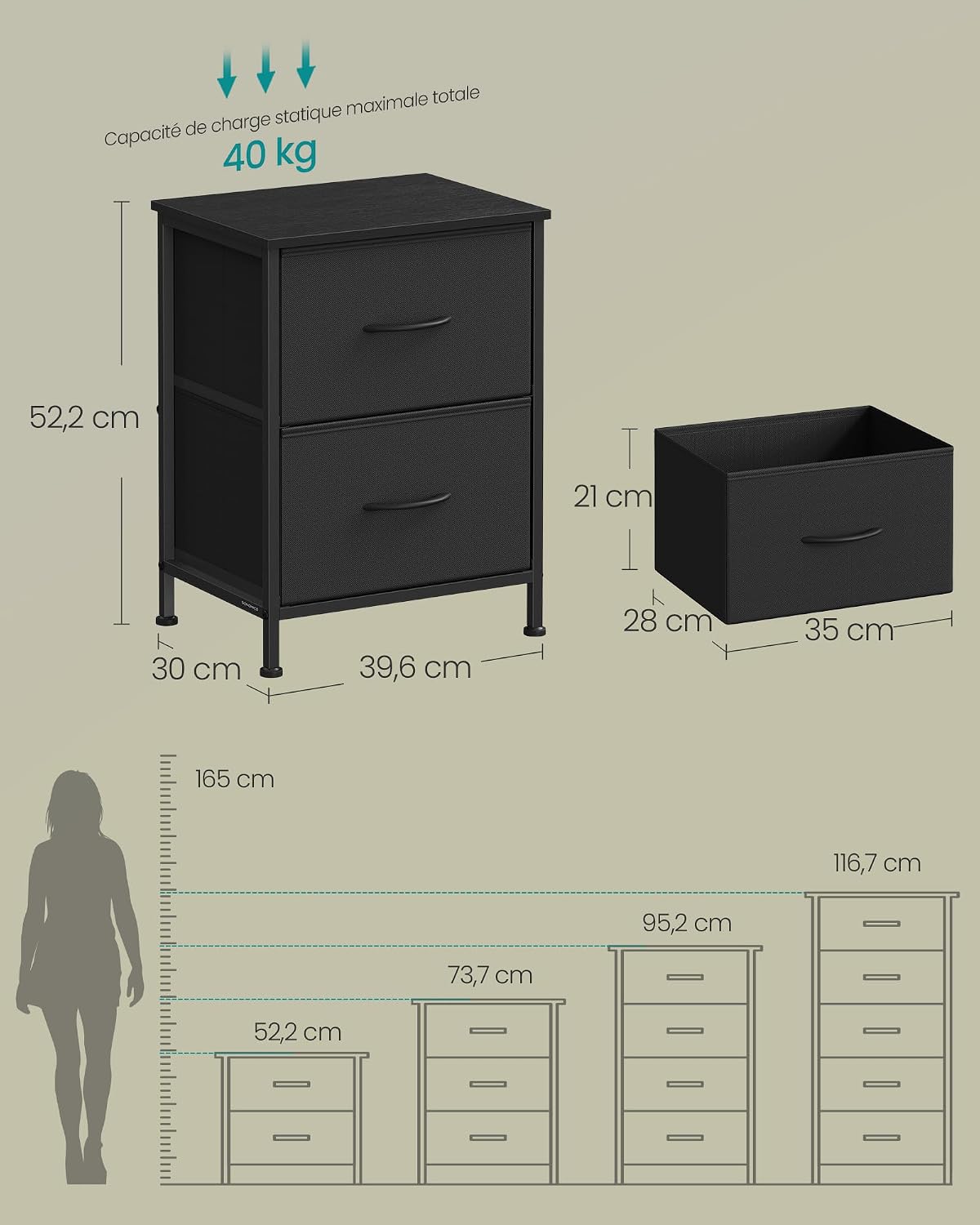Detalle 2 de SONGMICS LGS312BH03 table de chevet 30 kg
